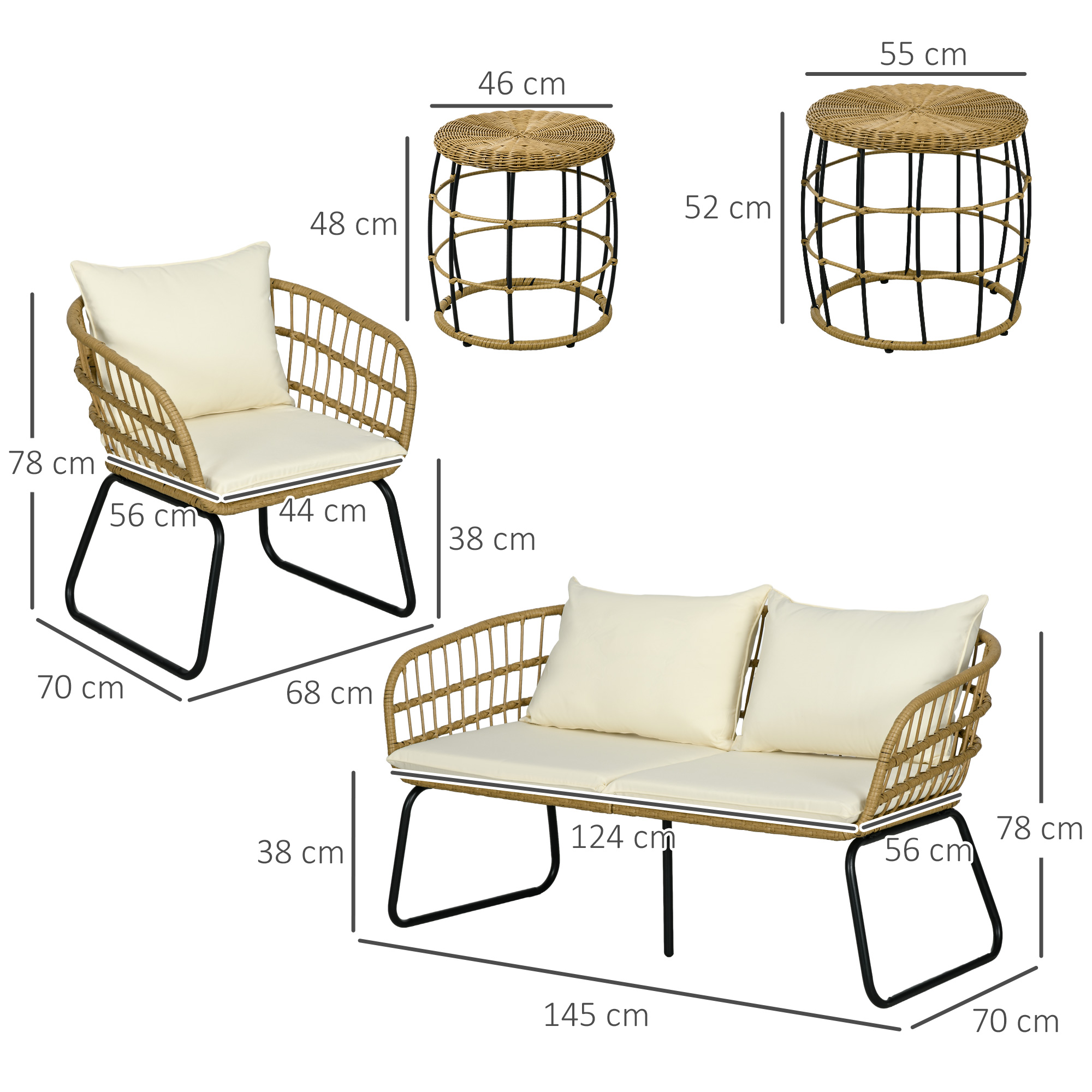 Outsunny Lounge-Set Rattan Zitgroep, Buitenmeubelset in Boho-stijl, 5-delig, 145 x 70 x 78 cm, Cr��me + Natuur + Zwart
