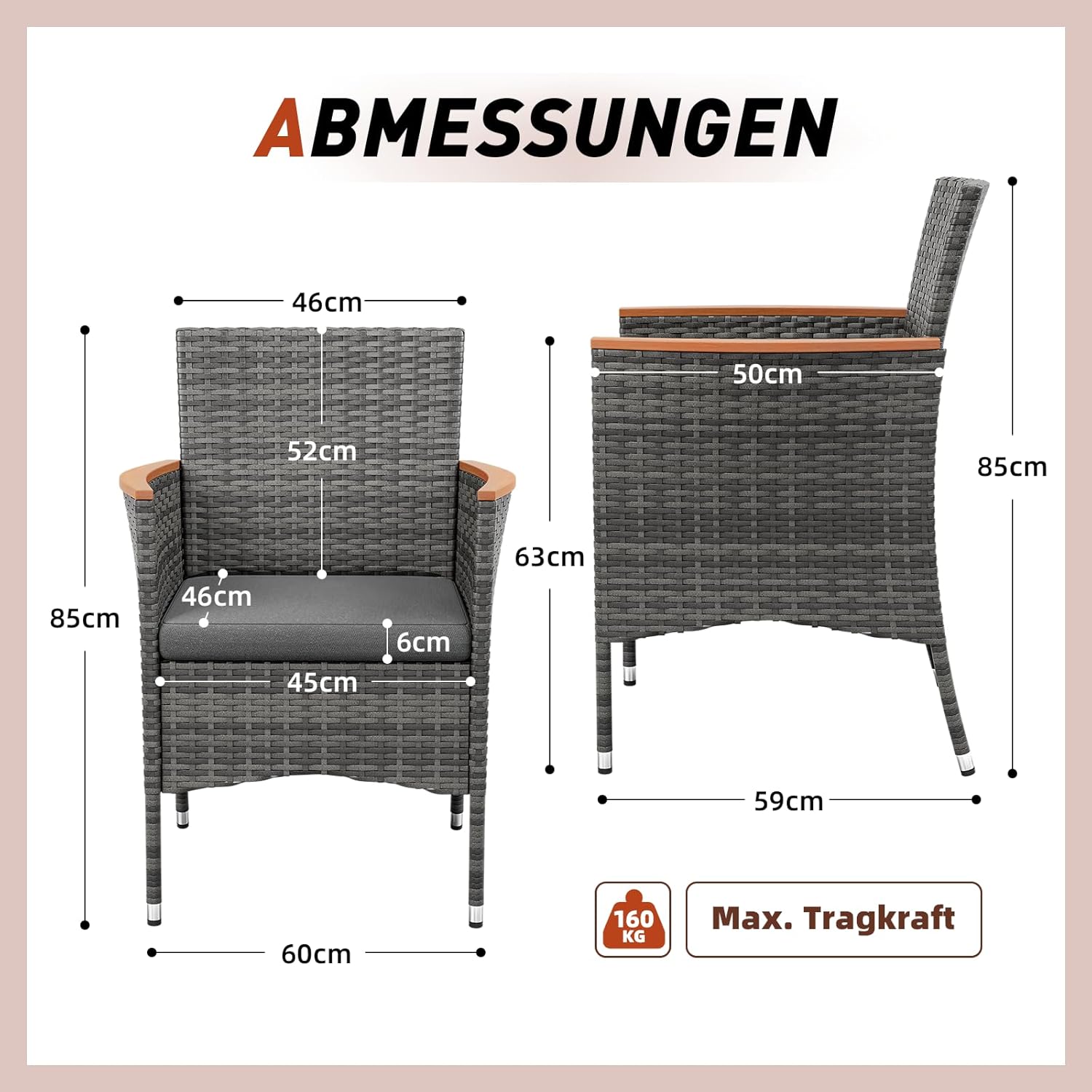 UDPATIO Gartenstühle 2er Set Rattan mit Kissen, Wetterfeste Gartenmöbel, Gartenstuhl Hochlehner für Balkon Terrasse, Outdoor Lounge Sessel, 60 * 59 * 85cm, Grau