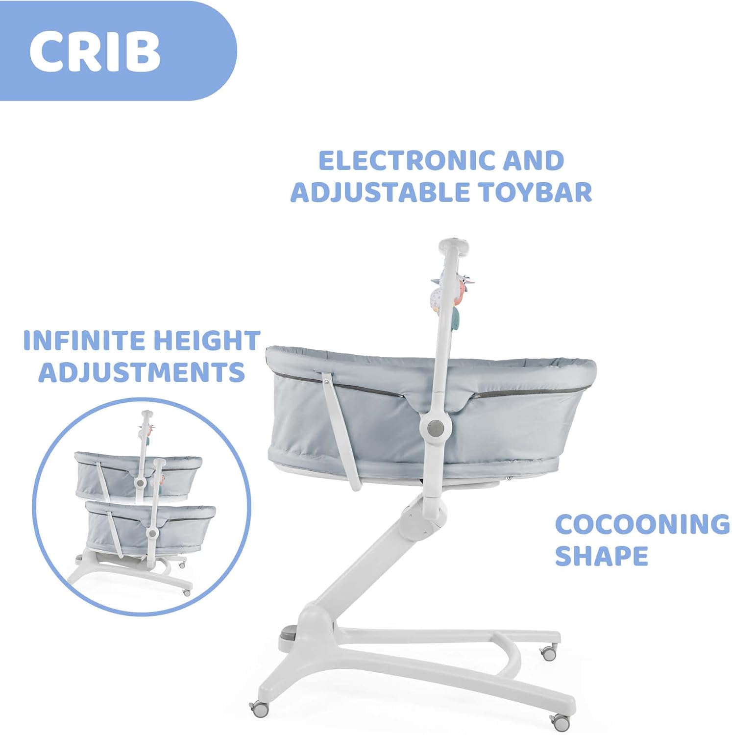 Chicco Baby Hug 4 in 1 Stubenwagen ab 0 Monate, Erhöhte Babyliege, Babybett, Hochstuhl mit Spielbogen, bis 15 kg, Verstellbare Rückenlehne, Verstellbare Höhe und 4 Räder