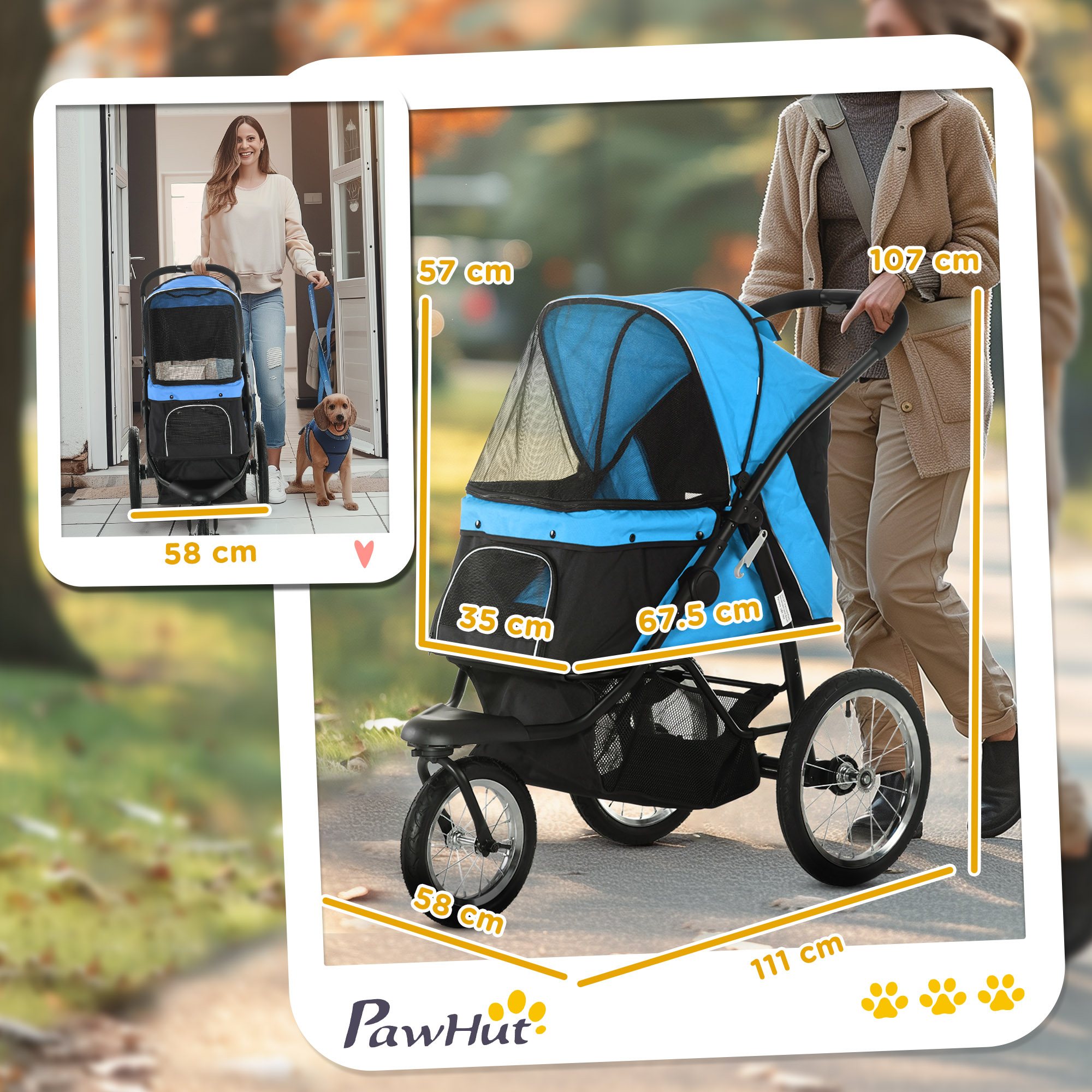 PawHut hondenkinderwagen, opvouwbaar, zonnescherm, gaasvenster, opbergmand, blauw, 111 x 58 x 107 cm