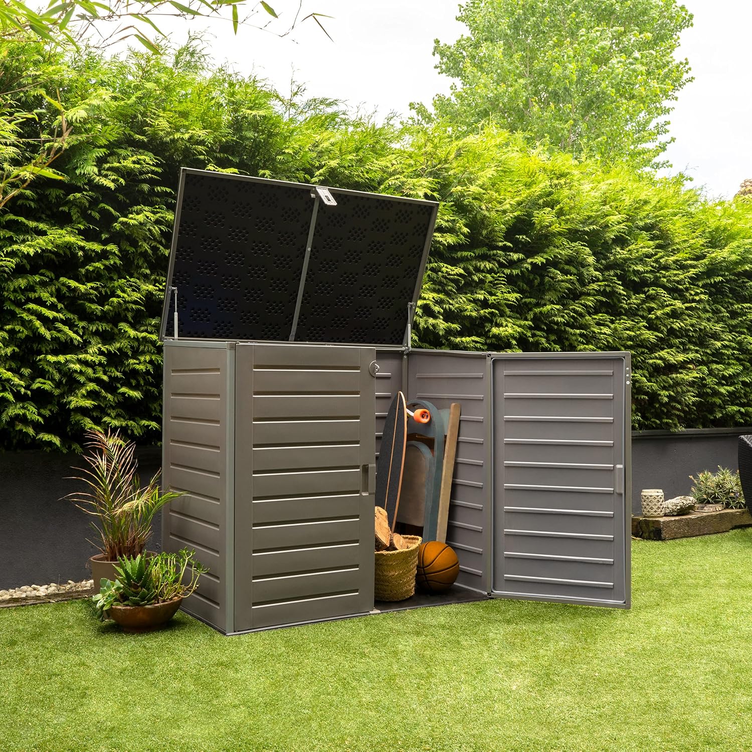 Wasabi - Mülltonnenbox aus Harz 1170L – 140x82x124cm – Inklusive Boden – Doppeltür und klappbarer Deckel – Metallrahmen – Polypropylen-Paneele – Riegelschloss – Gartenschuppen