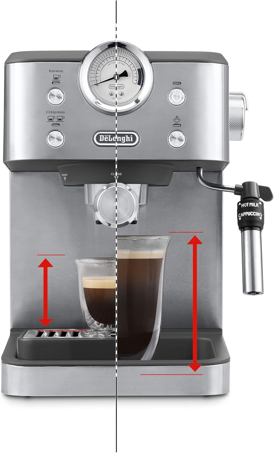 De'Longhi Siebträgermaschine Linea Classic EM450.M, Espressomaschine mit professionellem Milchaufschäumer, Vollmetallgehäuse, 15 Bar, 1,7 l Wassertank, Edelstahl/Metall