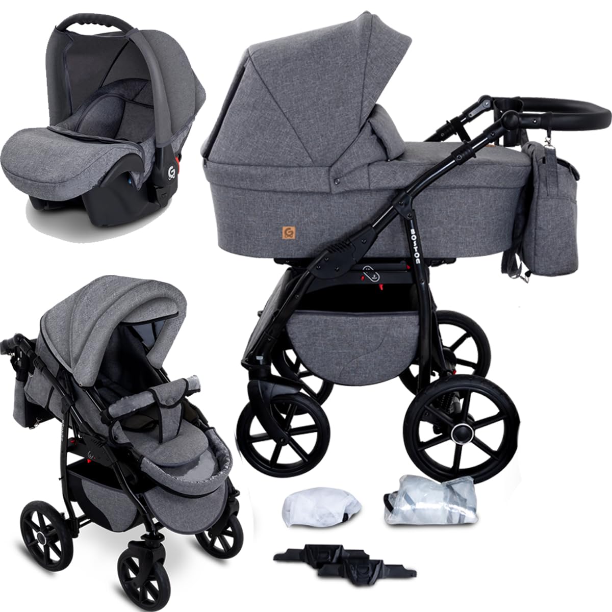 GaGaDumi Boston Kinderwagen 3 in 1 Komplettset mit Autositz - Kombikinderwagen mit großen Rädern - TÜV-zertifiziert - Baby Stroller Set - für Neugeborene und Kleinkinder Grau Jeans
