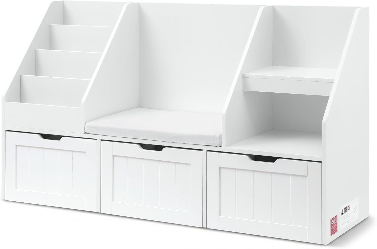 Keezi Children's Bookshelf and Storage Unit with Bench, 140cm Large Toy Organiser with 3 Mobile Drawers, Multi-Level Shelves and Compartments, White