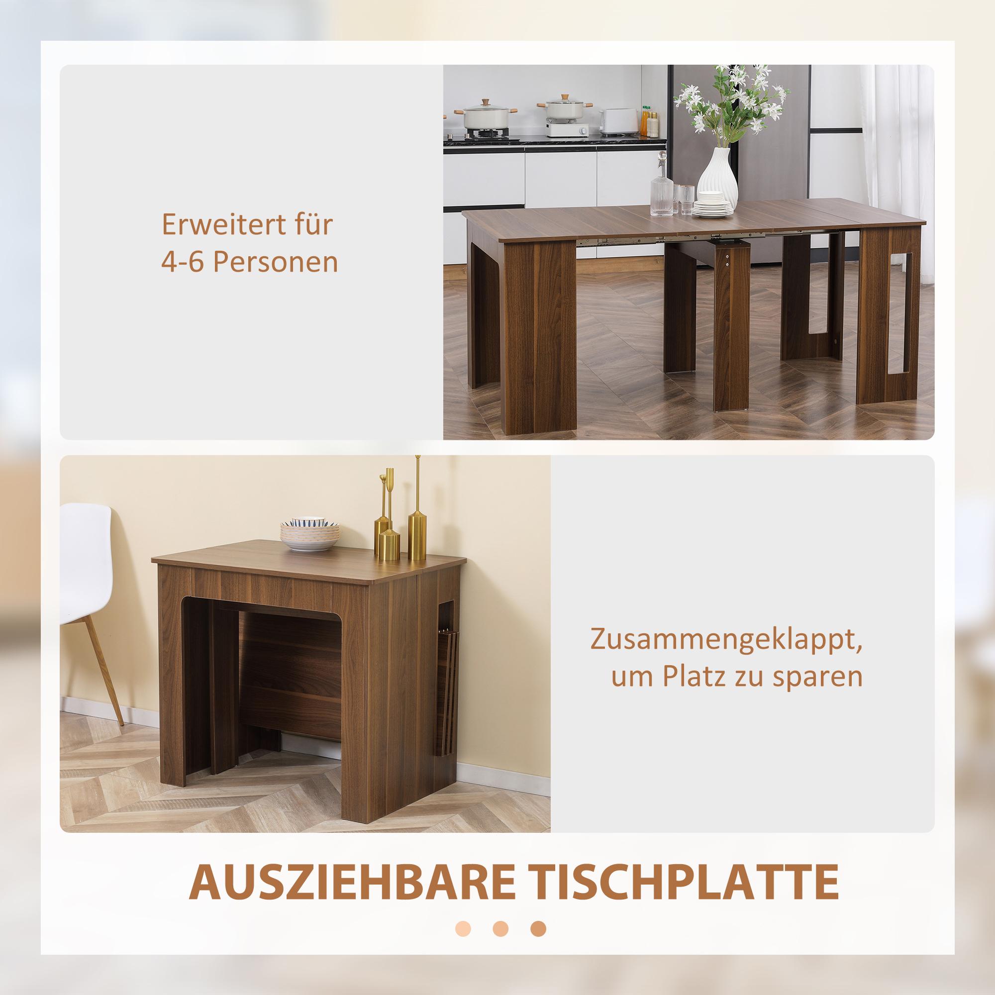 Uitklapbare Uitschuifbare Eettafel - Mobiele Eettafel - Modern Ontwerp - 180cm x 85cm x 75cm - Bruin