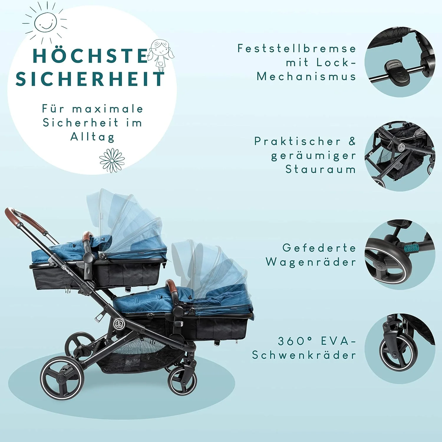 babyGO Kinderwagen 3-in-1 voor tweelingen - Duowandelwagen/tweelingwandelwagen voor baby's - Tweelingkinderwagen voor 2 kinderen met veel accessoires (blauw melange - zonder babyautostoel)