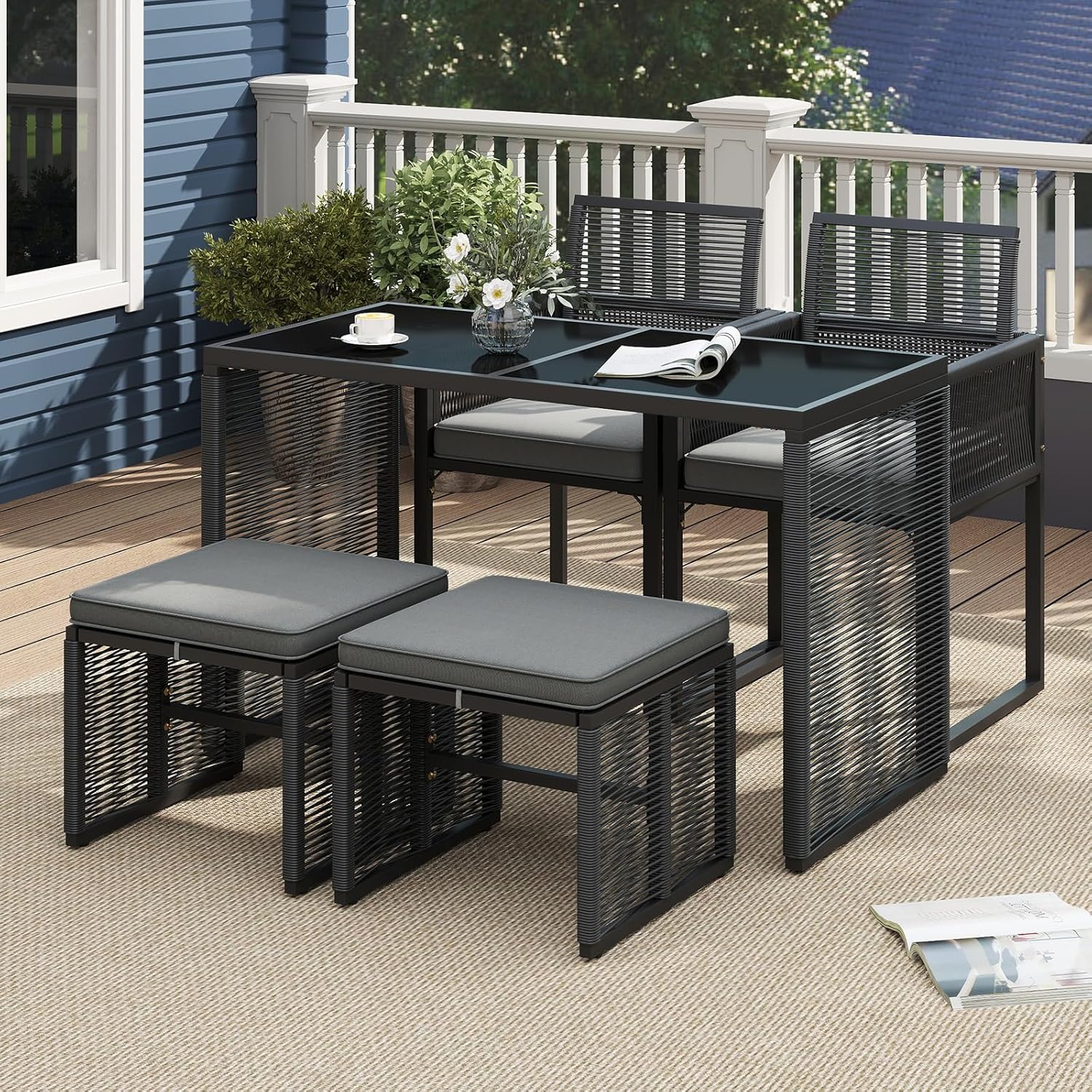 COSTWAY 5tlg. Rattan Gartenmöbel Set, Balkonmöbel, Balkonset inkl. 2 Stühle mit Kissen, Hocker & Tisch, Terrassenmöbel, platzsparendes Gartenset mit klappbarer Rückenlehne, Sitzgruppe für Garten