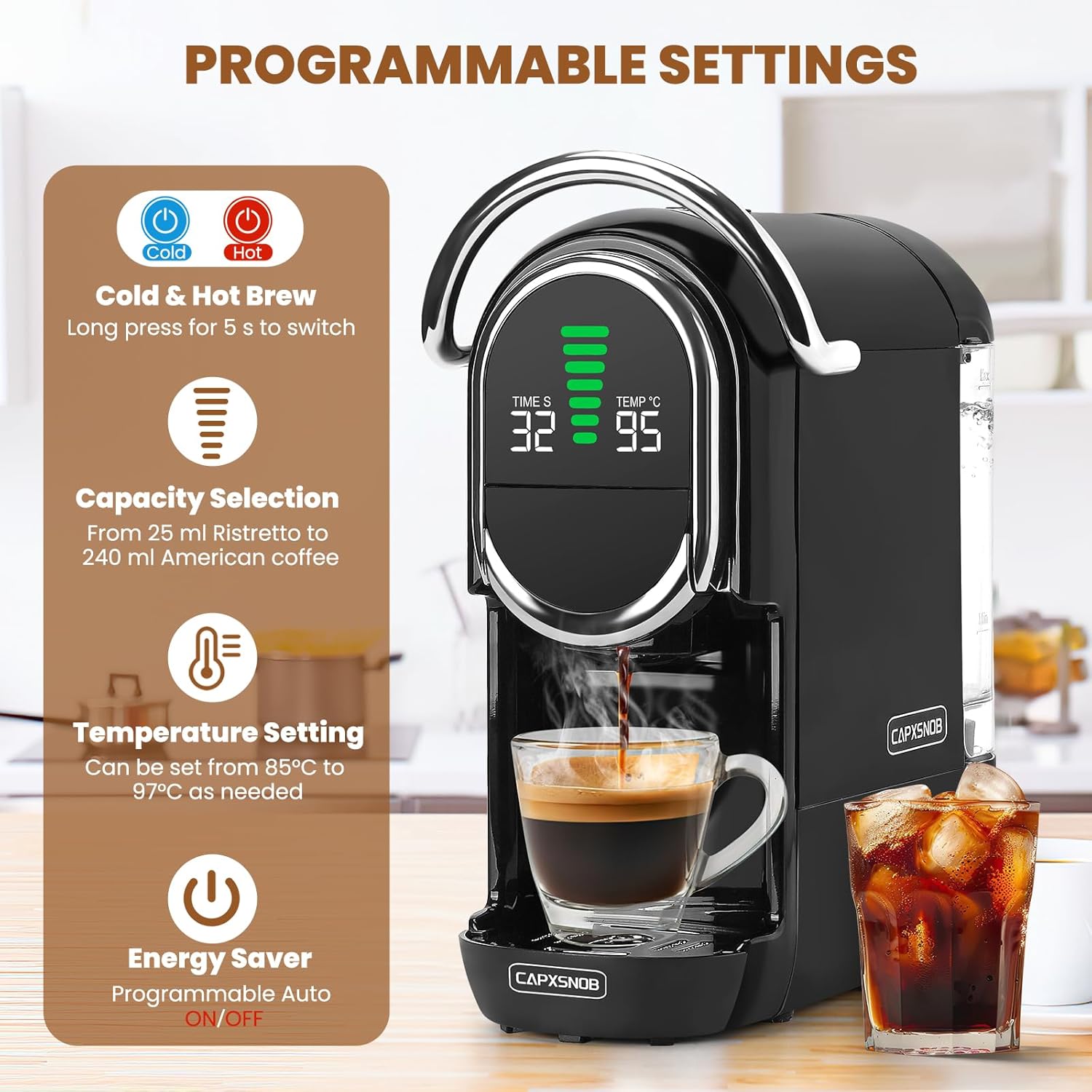 Magician1 Mini Pad-Kaffeemaschinen 5 in 1 für Nespresso Original, Dolce Gusto, Lavazza A Modo Mio Kapsel, ESE 44 mm Pads und Espresso gemahlener Kaffee, 20 Bar, 1450 W, Heiß- und Kaltgebrüht für
