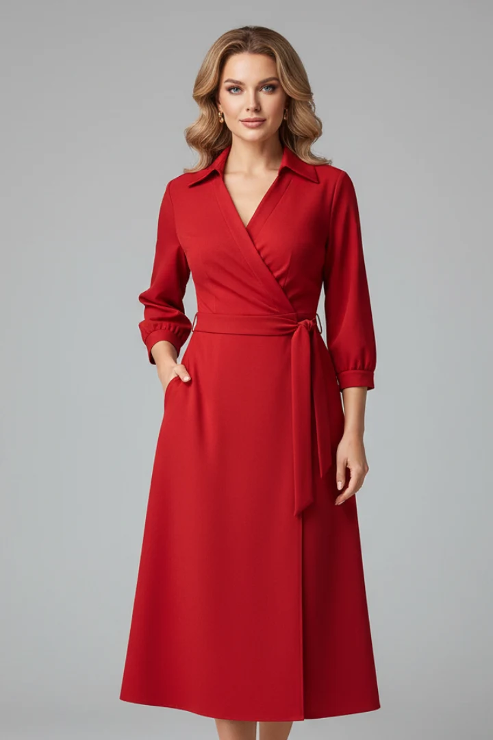 Damen Midi-Kleid mit V-Ausschnitt und Reverskragen | Langarm A-Linien Kleid mit Bindeg��rtel und Schlitz | Klassisches Midikleid