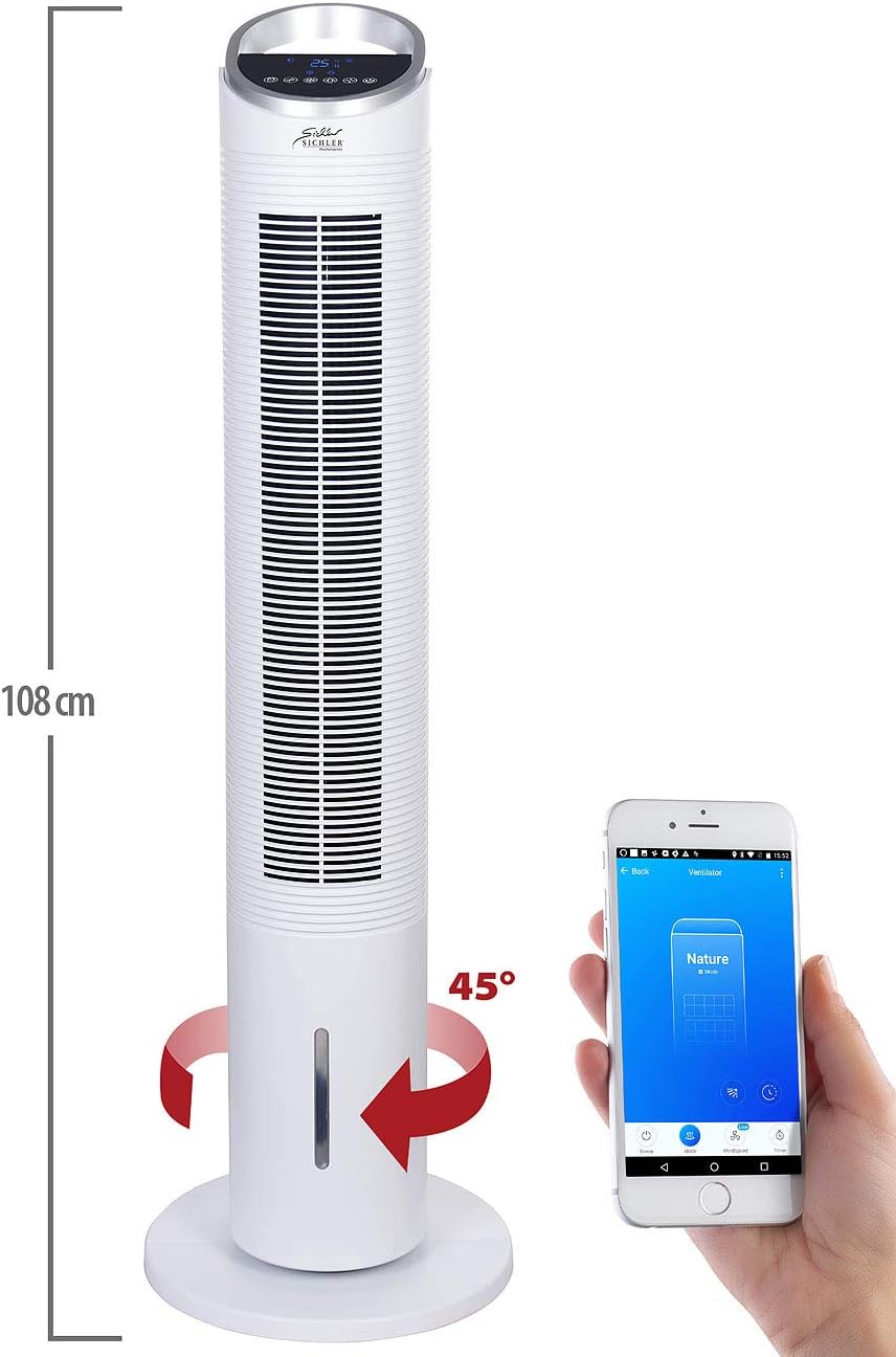 Sichler Haushaltsgeräte Turmluftkühler: 3in1-WLAN-Luftkühler mit App, für Siri, Alexa & Google Assistant, 60 W (Turmventilator mit Luftbefeuchter, Turmventilator mit Fernbedienung)