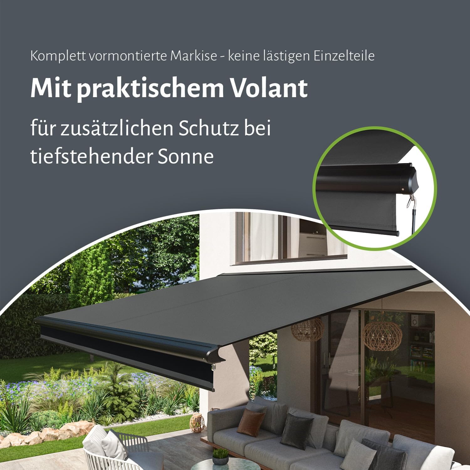 empasa Elektrische Vollkassettenmarkise 'Premium' Kassettenmarkise Gelenkarmmarkise Markise Sonnenschutz mit manuell ausfahrbarem Volant, komplett vormontiert, Farbe:anthrazit, Größe:4 x 3 m
