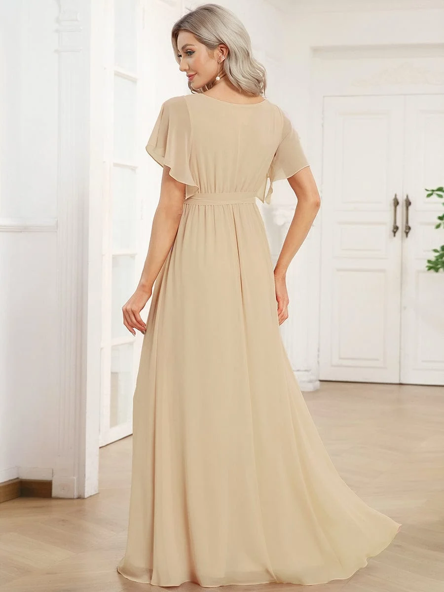 Abendkleid Damen Maxi A-Linie aus Chiffon | Festliches Kleid f��r Hochzeitsg?ste mit V-Ausschnitt und Fl��gel?rmeln