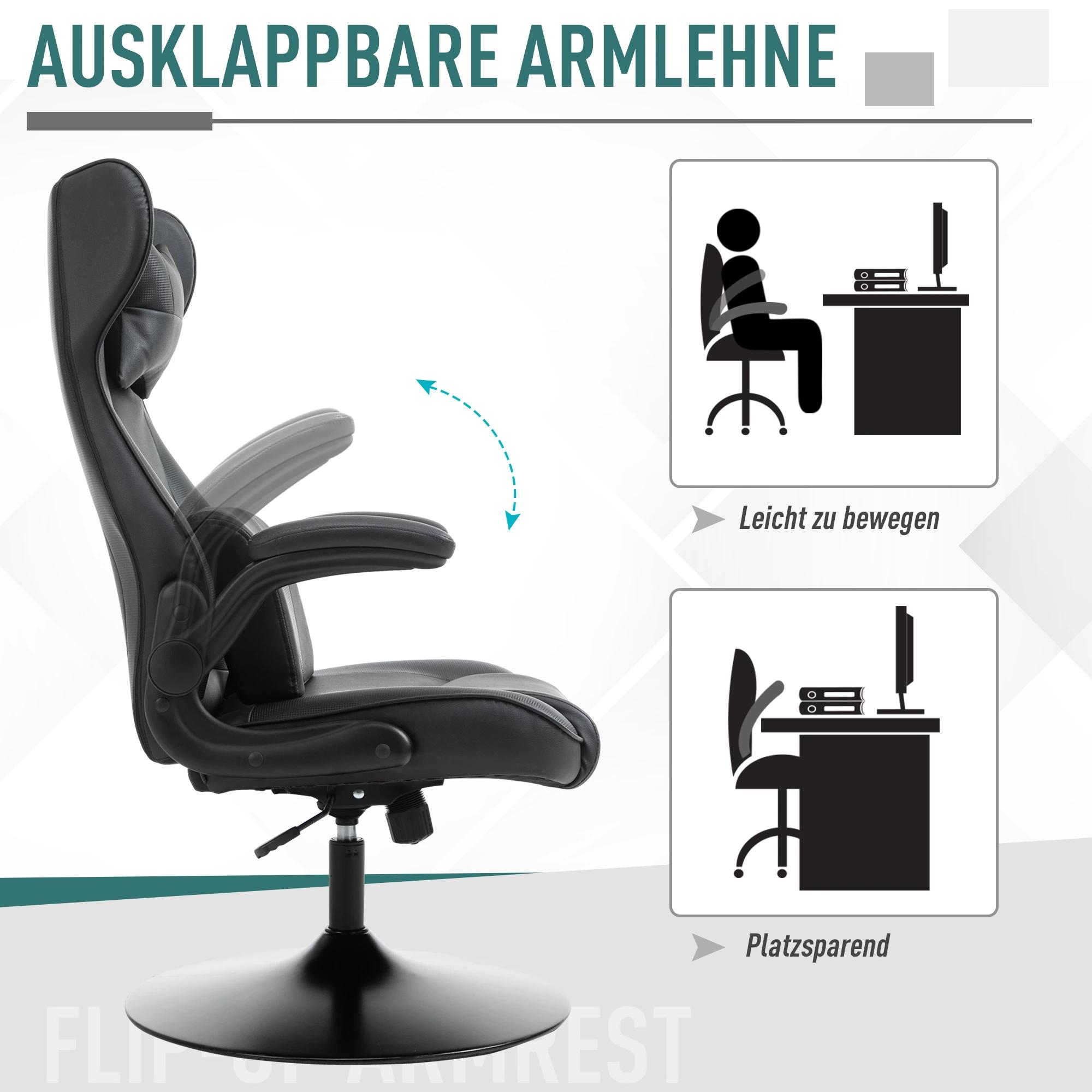 Vinsetto gamestoel ergonomische computerstoel bureaustoel bureaustoel met schommelfunctie en lendenkussen bureaustoel in hoogte verstelbaar, gepolsterde metalen zitting, zwart 67x75x112 cm