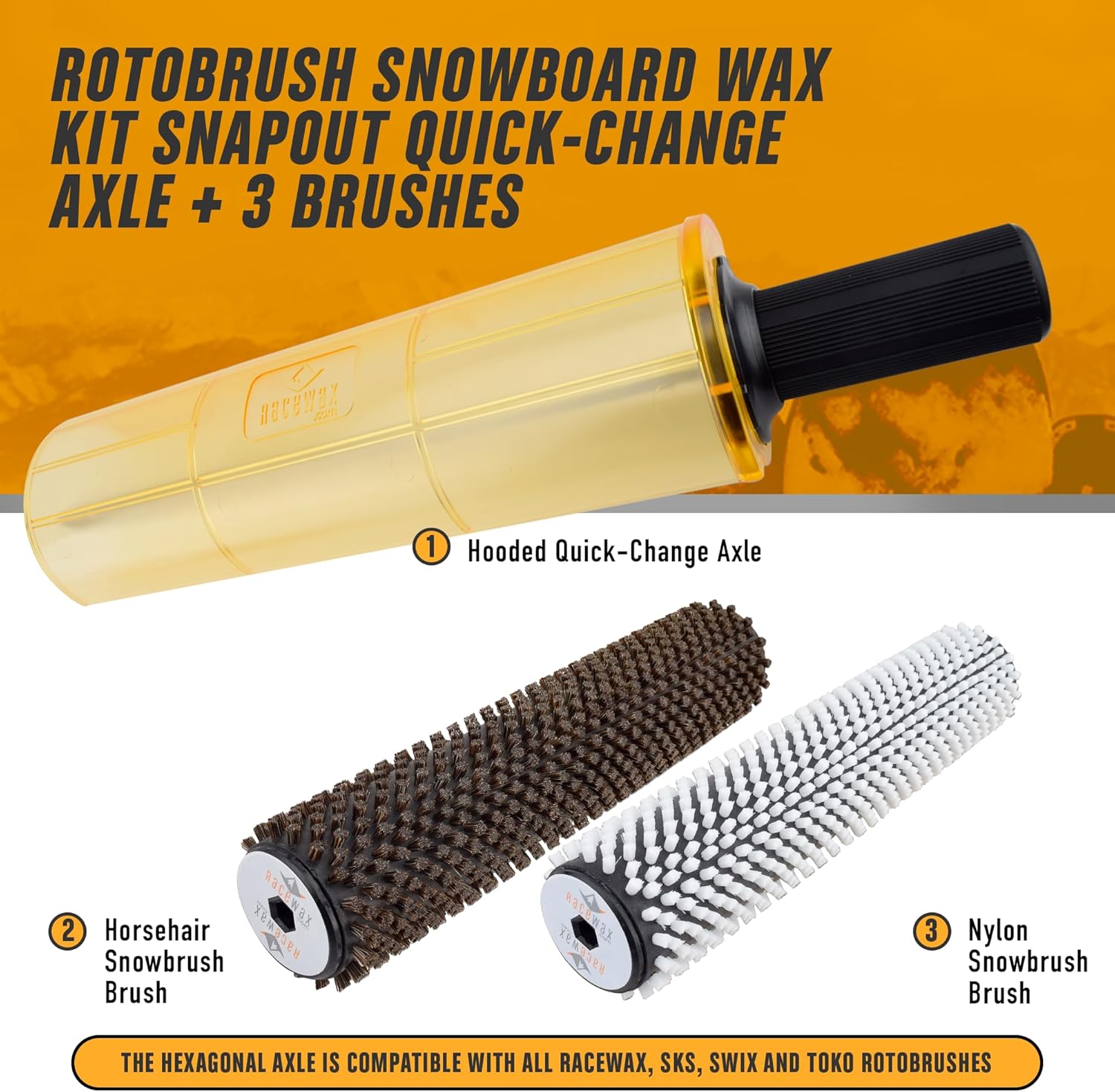 RaceWax Snowboard ZL-7000 Roto-Bürstenwachs-Set, Achsschutz mit Nylon- und Rosshaarbürste, Snowboard-Wachs-Set, 300 mm