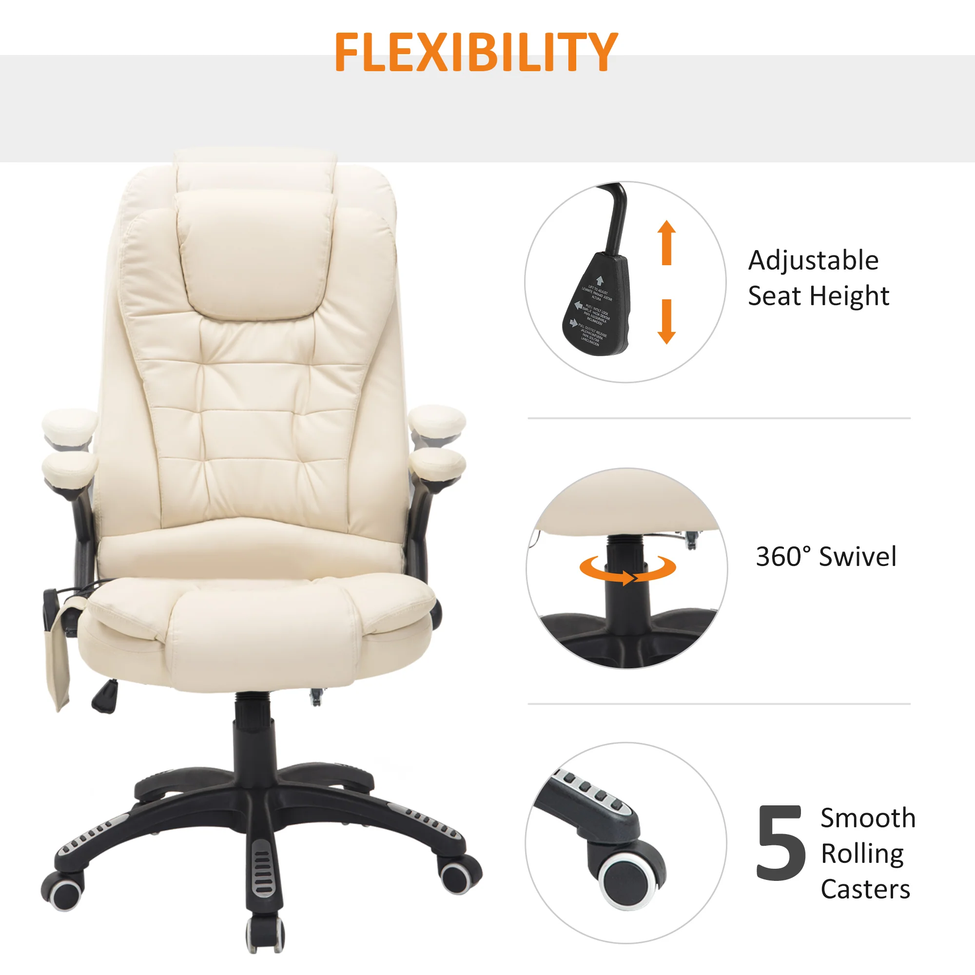 Executive bureaustoel met massage en verwarming, hoge rug PU-lederen bureaustoel, beige