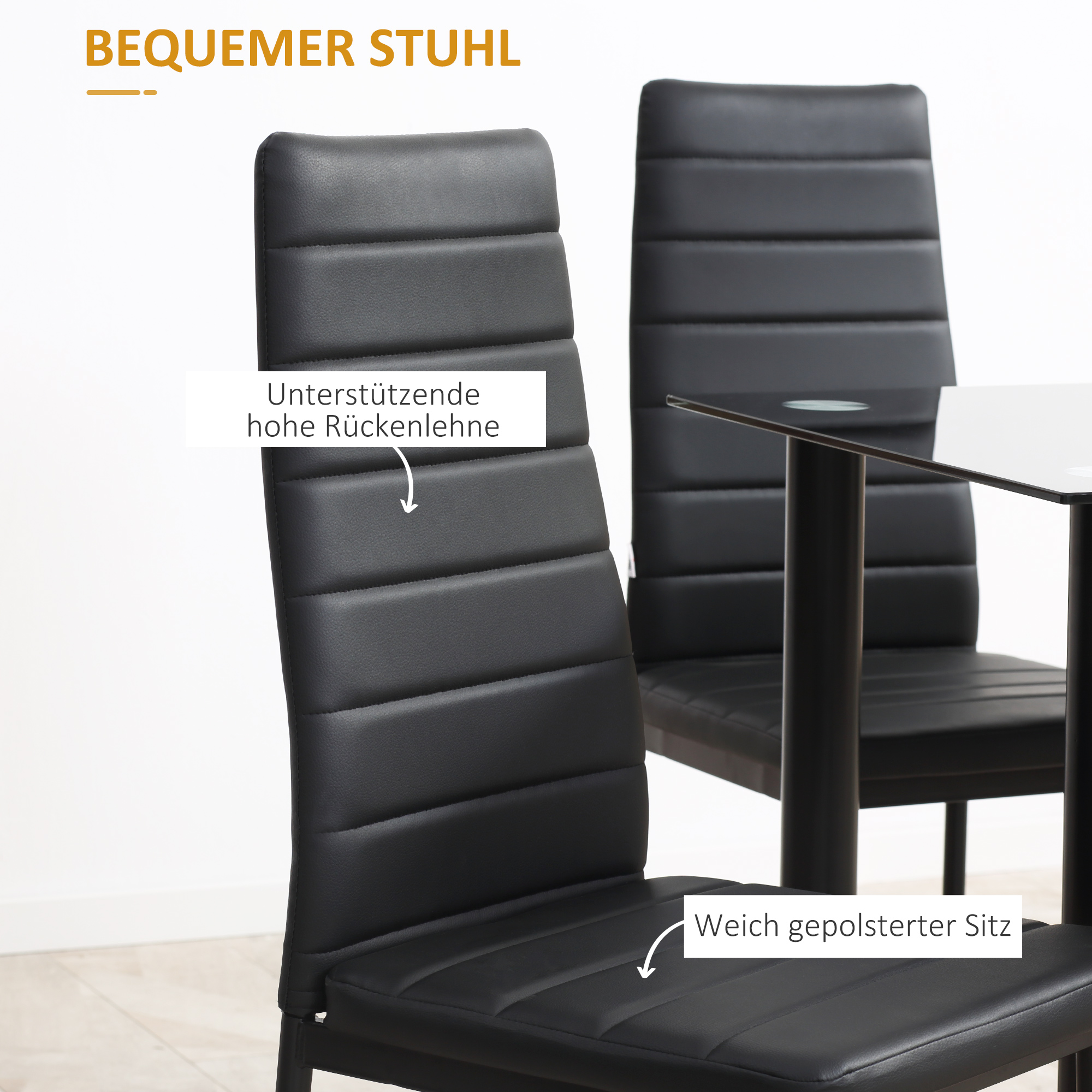 5-delige Eetkamerset Tafel en 4 Stoelen, Modern Design, Glazen Tafel, Zwart