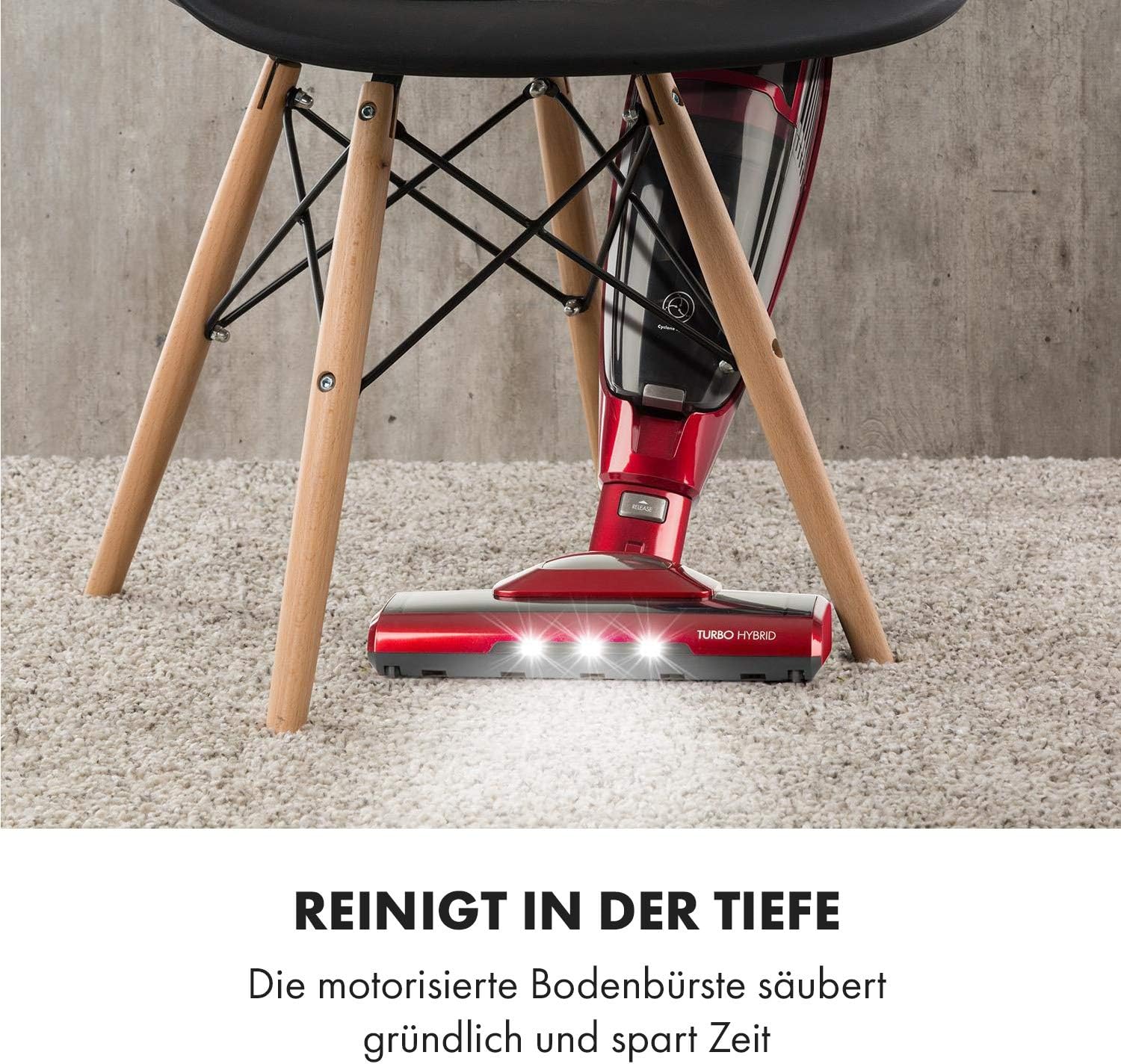 Klarstein TurboHybrid Zyklon Staubsauger, Akku Staubsauger, Staubsauger Kabellos für 50min Betriebsdauer (2 Saugstufen, Handstaubsauger, platzsparend, Li-Ion) metallic-rot