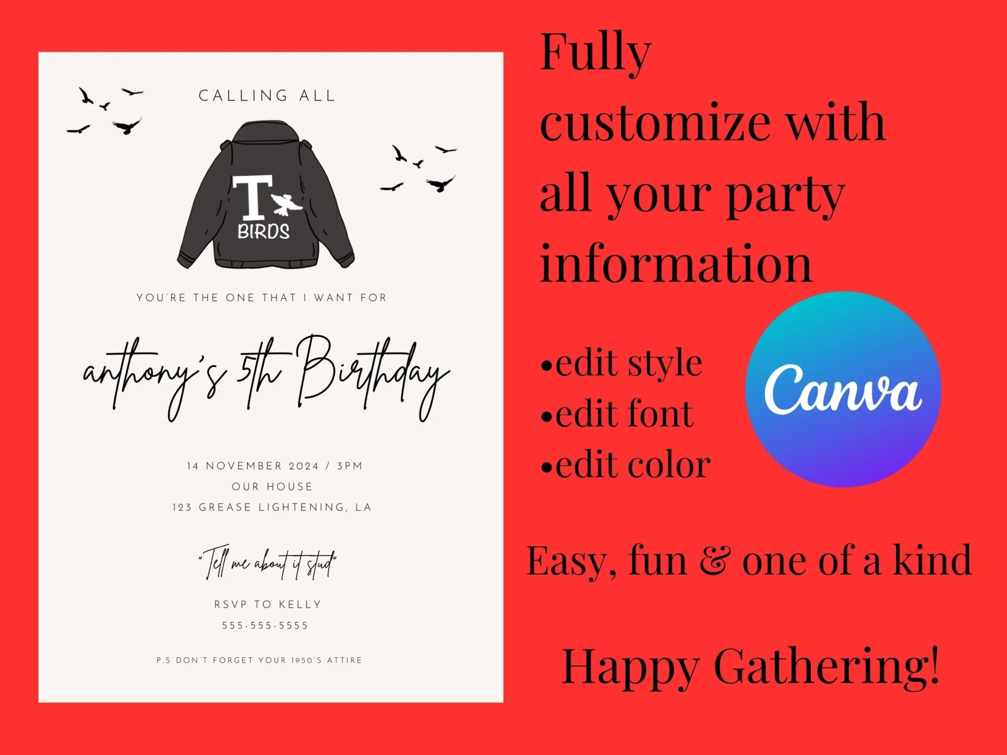 Grease Birthday Invitation, T-Birds Invitation, children's birthday invitation, 1950's theme, boys birthday invitation, 5th birthday