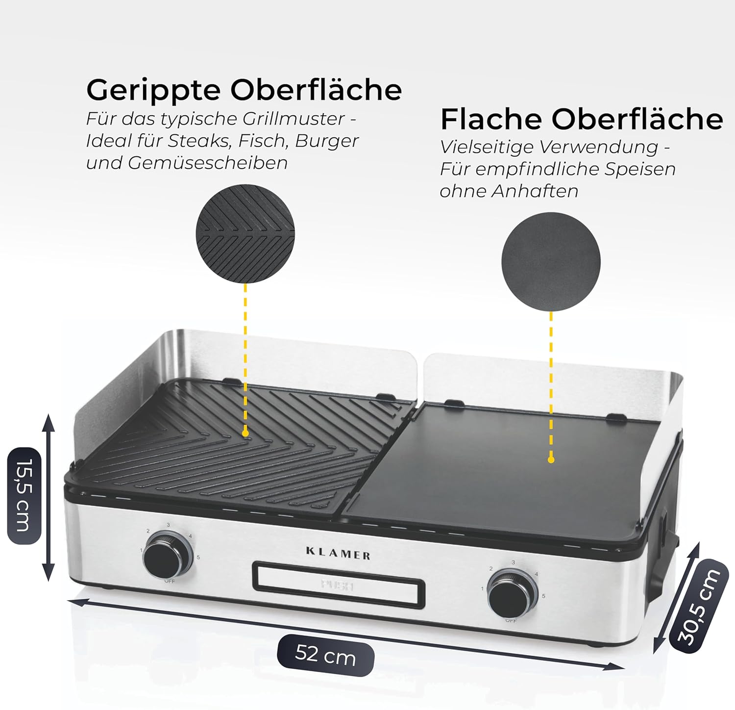 KLAMER Elektrogrill, antihaftbeschichtete und abnehmbare Duo-Platten, separate Temperatureinstellung, 5 Grillstufen, mit Wind-/ Spritzschutz & Auffangschale