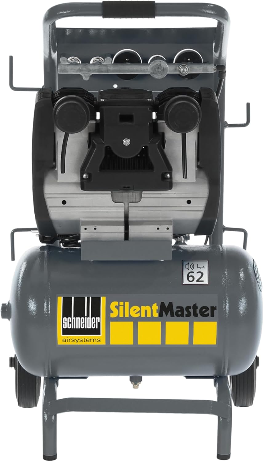 SCHNEIDER SILENTMASTER Leicht zu transportierender Luftkompressor 20 Liter Ölfrei Maximaler Druck 9 Bar Leistung: 2 PS Geräuschpegel: 62 dB LwA