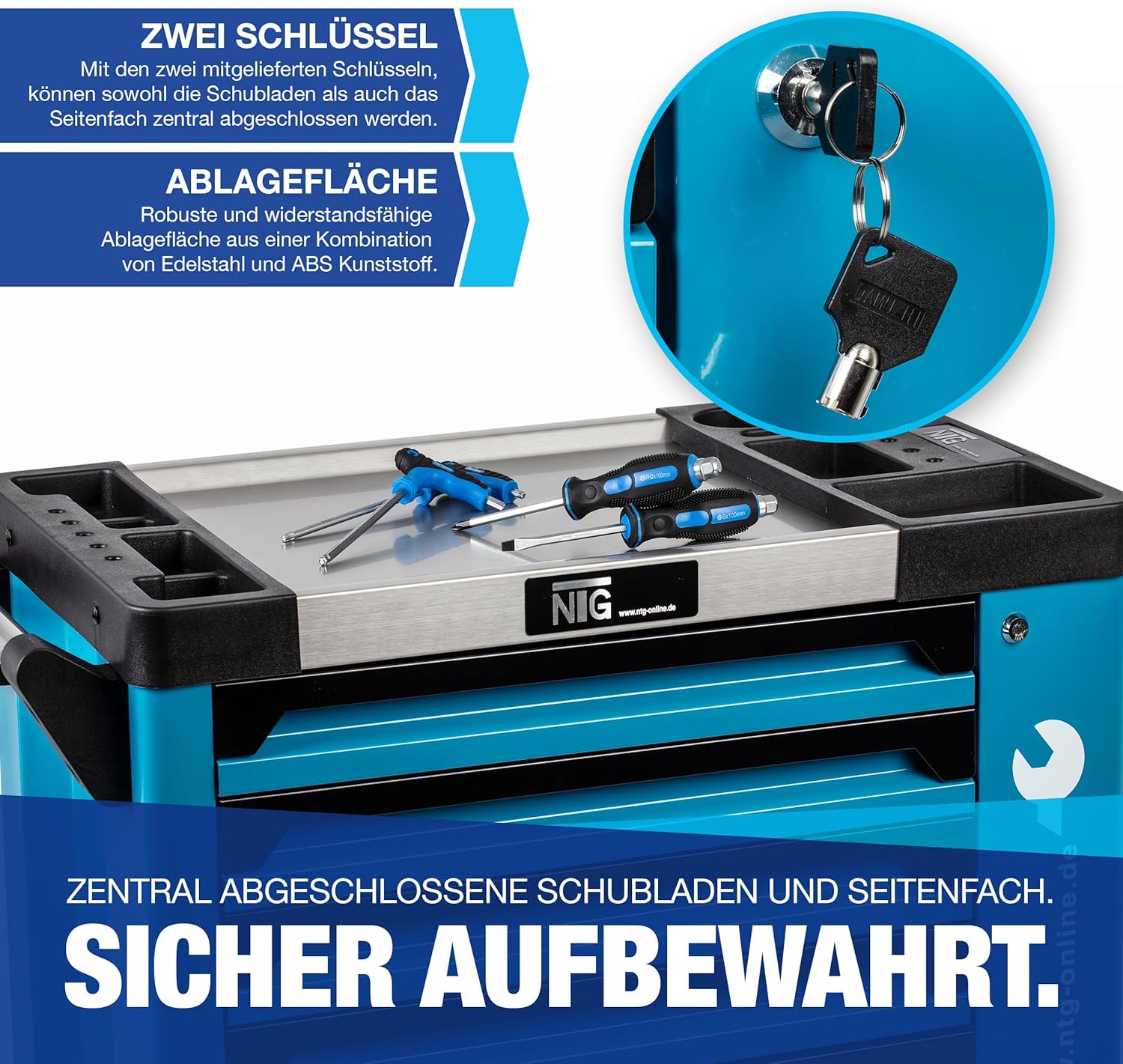 NTG WERKZEUGWAGEN GEFÜLLT MIT Werkzeug – Abschließbarer Werkstattwagen mit 7 Schubladen – 252-teilig, Davon 6 bestückt – Soft Inlays in Carbonoptik – Robuster Werkzeugkasten & Werkzeugkiste – Blau