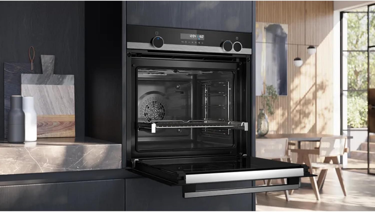 Siemens HR578GFS7F, iQ500 Smarter Einbau-Backofen mit Dampfunterstützung, 60 x 60 cm, Pyrolyse Selbstreinigung, Air Fry, Backautomatik, 3D Heißluft, Inklusive Bratenthermometer und Teleskopauszug
