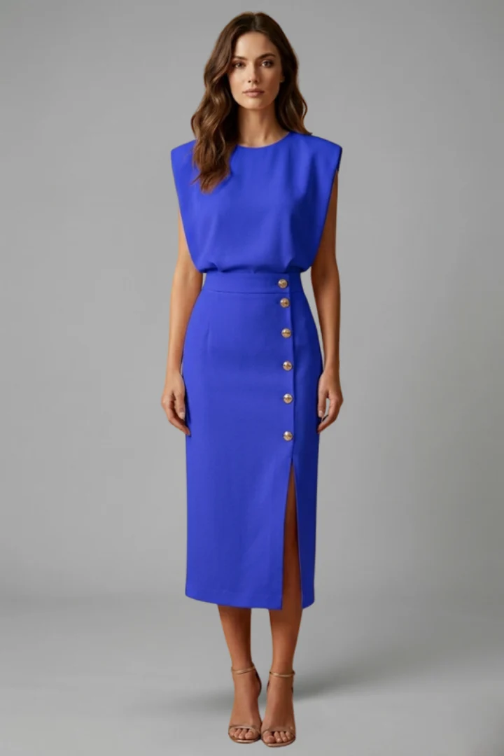 Damen Midikleid mit Rundhalsausschnitt und seitlichem Schlitz | ?rmelloses Kleid mit Knopfleiste und tailliertem Schnitt