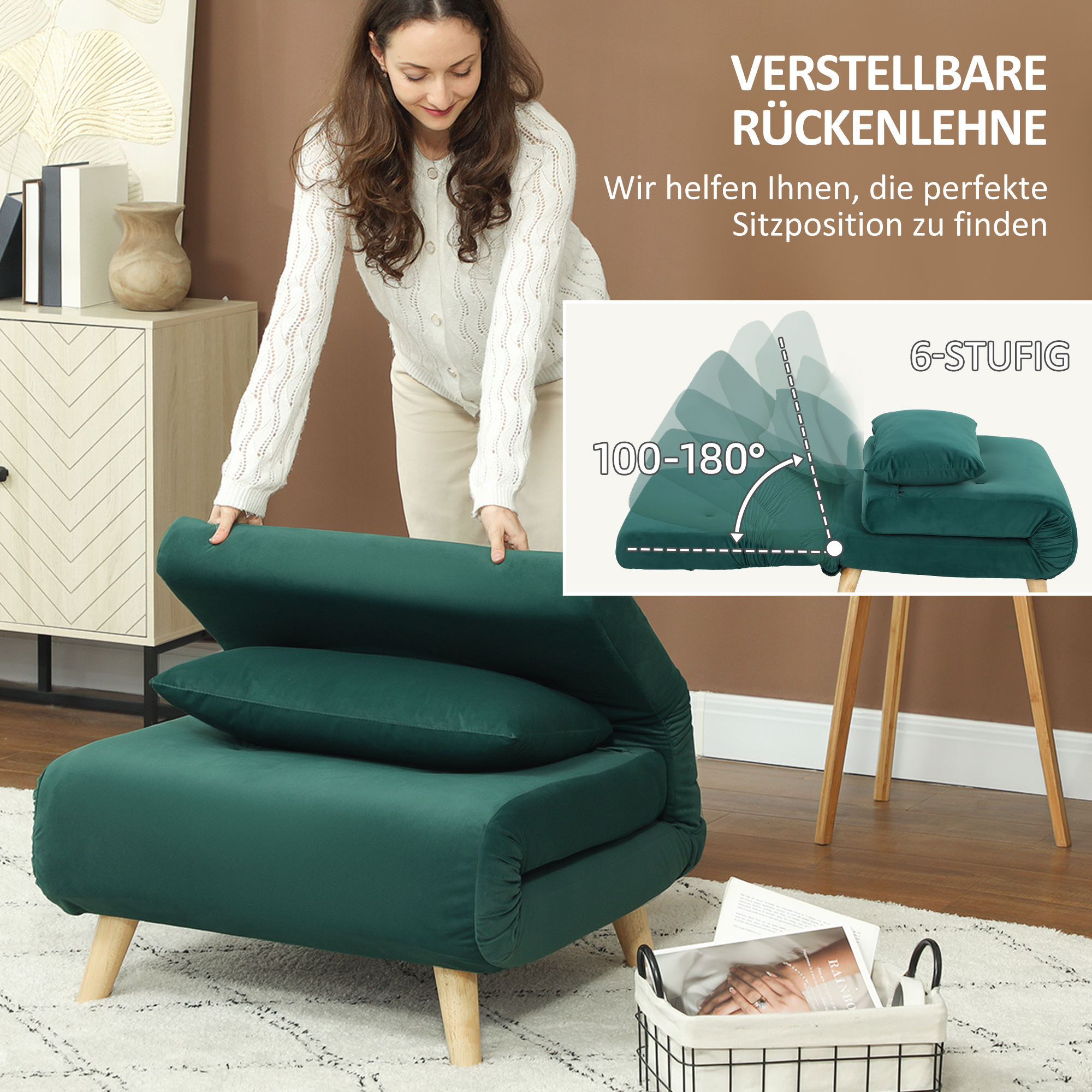 Opklapbare Stoel met Bedfunctie, Opvouwbare Relaxstoel in Fluweel Look, Verstelbare Rugleuning, tot 120 kg Belastbaar, Donkergroen
