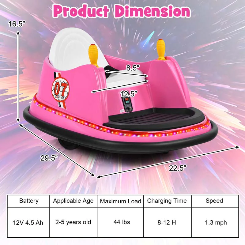 12V Toddler Bumping Car, Battery Powered Baby Ride on Bumper Car with Dual Joysticks, Flashing LED Light & 360 Degree Spin