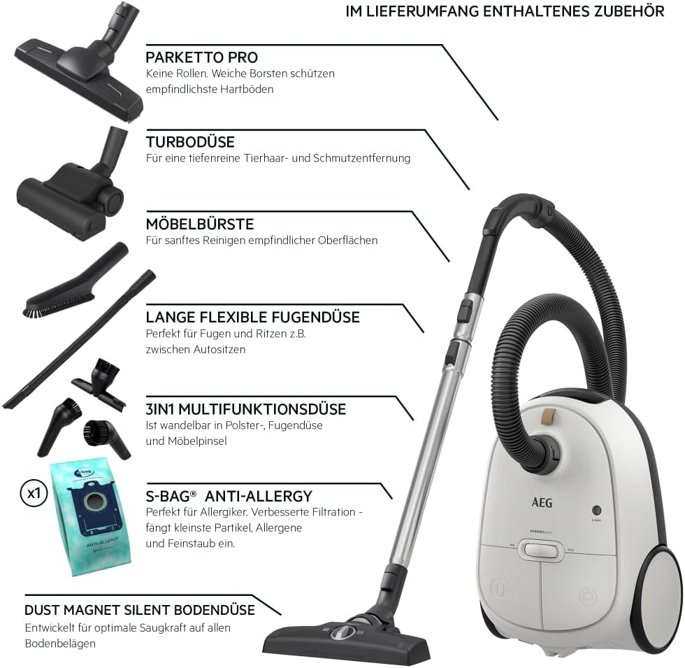 AEG CLEAN 6000 AB61C2DB Staubsauger mit Beutel / hohe Saugleistung / inkl. Polsterdüse / 50 % Recyclingkunststoff / ideal für Haustierbesitzer / Reinigen von Polstern / 12 m Kabel / 750 W / Blau