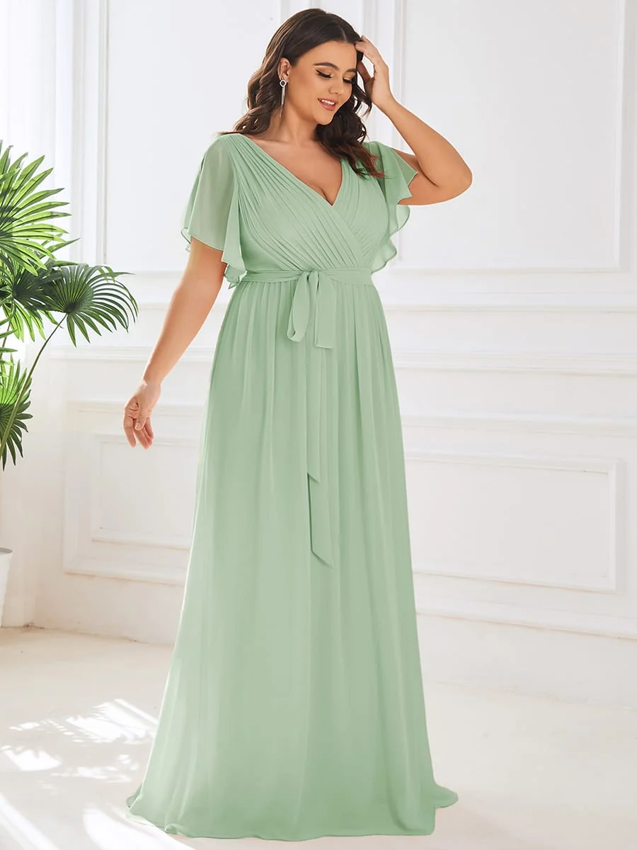 Abendkleid Damen Maxi A-Linie aus Chiffon | Festliches Kleid f��r Hochzeitsg?ste mit V-Ausschnitt und Fl��gel?rmeln