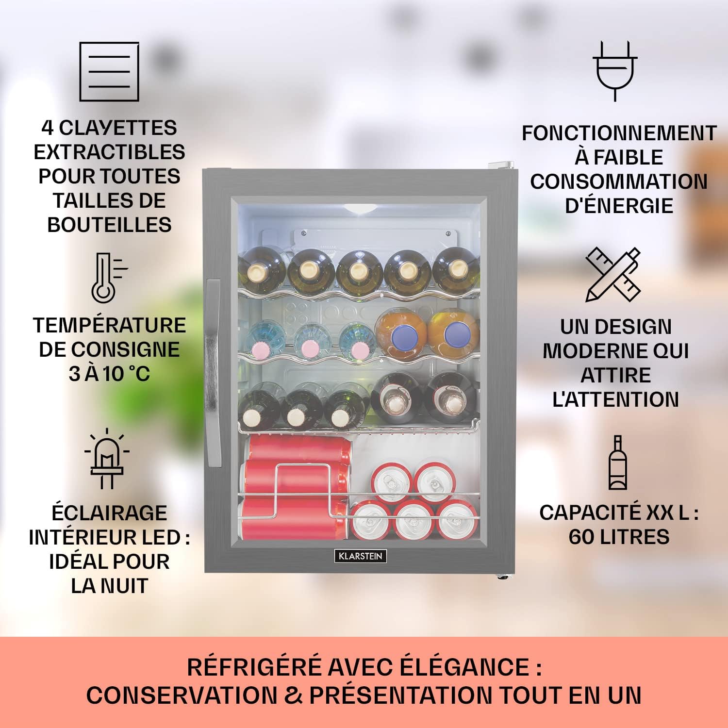 KLARSTEIN Mini Frigo de Chambre et Bureau pour Boisson, Silencieux, Refrigerateur Bar 60L, Pour Camping, Étagères Réglables, Ondulés pour le Vin, Cannette, Beer Fridge