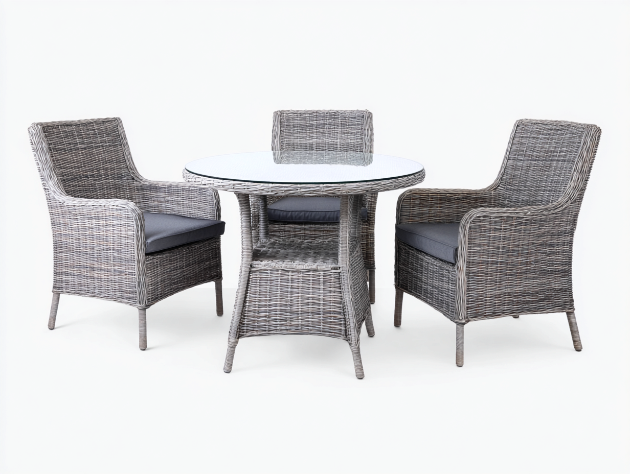 Garten-Essgruppe-Polyrattan-175x175x85 cm-Grau-Outdoor-Gartenmöbel-Runder-Esstisch-Modernes-Design