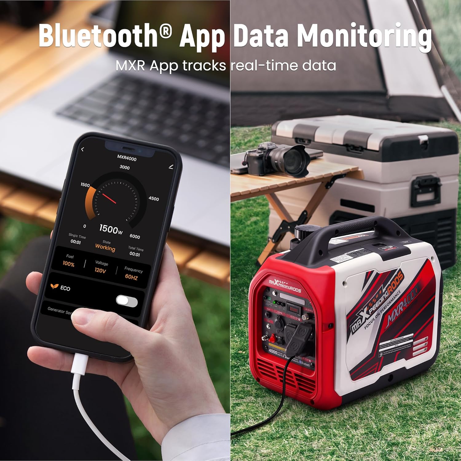maXpeedingrods 4000 Watt Inverter Generator Portable  Bluetooth? App Remote Data Monitor  RV Ready  Gas Powered Generator with CO Alarm for Outdoor Camping  Home Backup