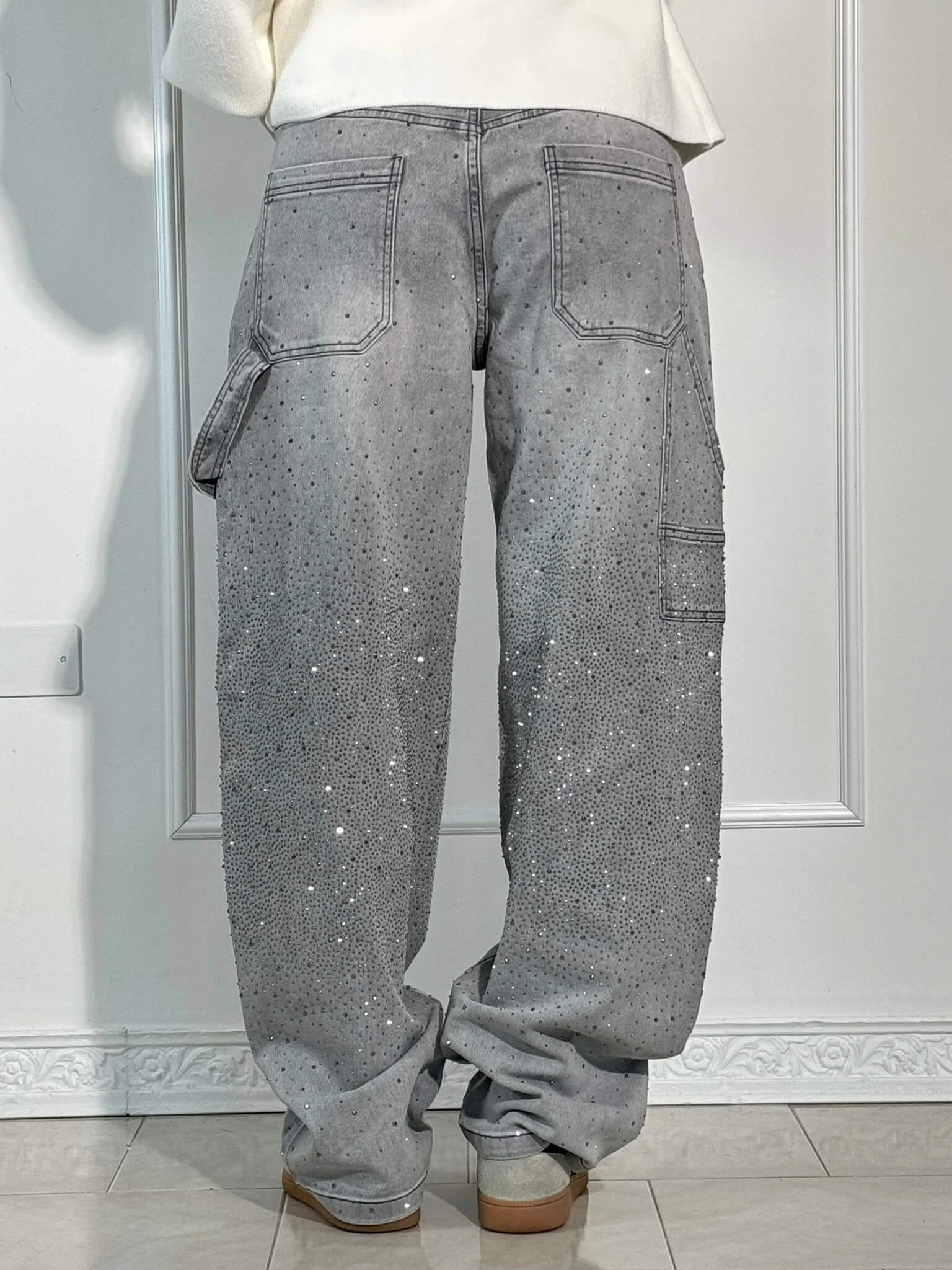 Damen Baggy Jeans mit Glitzer-Applikationen | Weite Wide Leg Denim Hose im Balloon-Schnitt | Bequeme Damenjeans aus Baumwolle