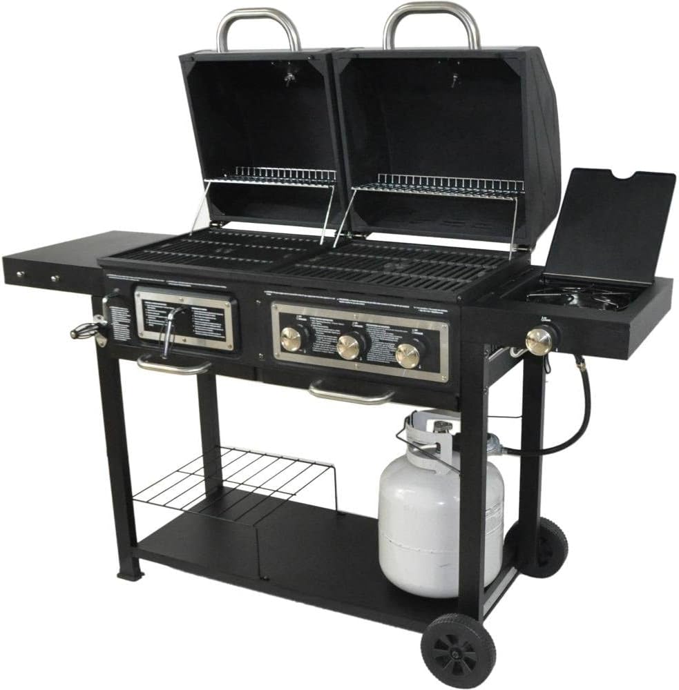 Dubbele combinatiebarbecue met duale brandstof: houtskool en gas
