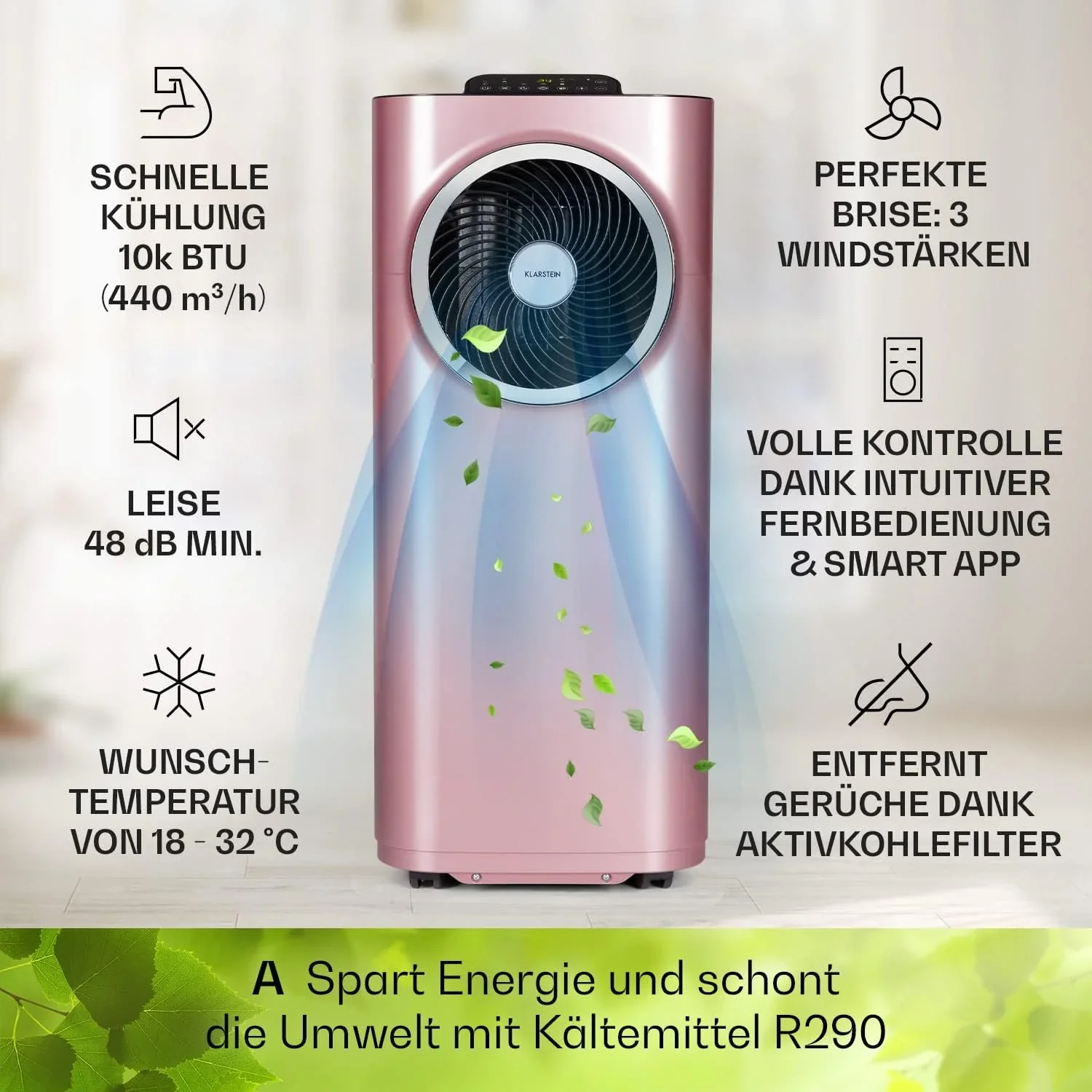 Klarstein Mobile Klimaanlage mit Abluftschlauch, 5-in-1 Klimager?t, Ventilator, Luftentfeuchter, Luftreiniger & Nachtmodus, App-Steuerung, Kleine & Portable, f��r Wohnung & B��ro, 12000 BTU