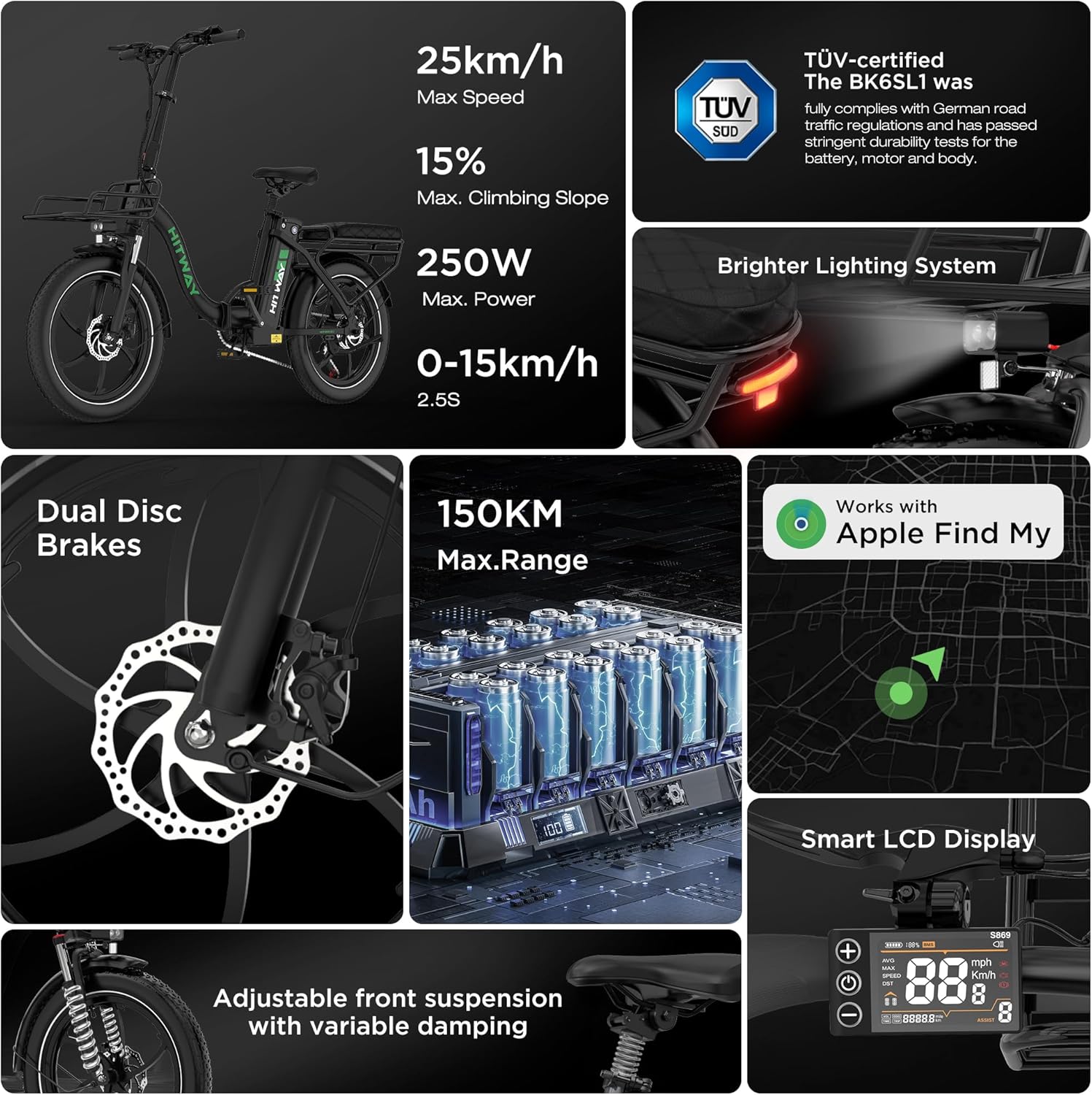 HITWAY E Bike, Ebike mit 250W Motor, Elektrofahrrad 20 Zoll, E-Bike mit 70-150km Reichweite, 7-Gang, APP-Steuerung, faltbar, IP54 wasserdicht, Pedelec