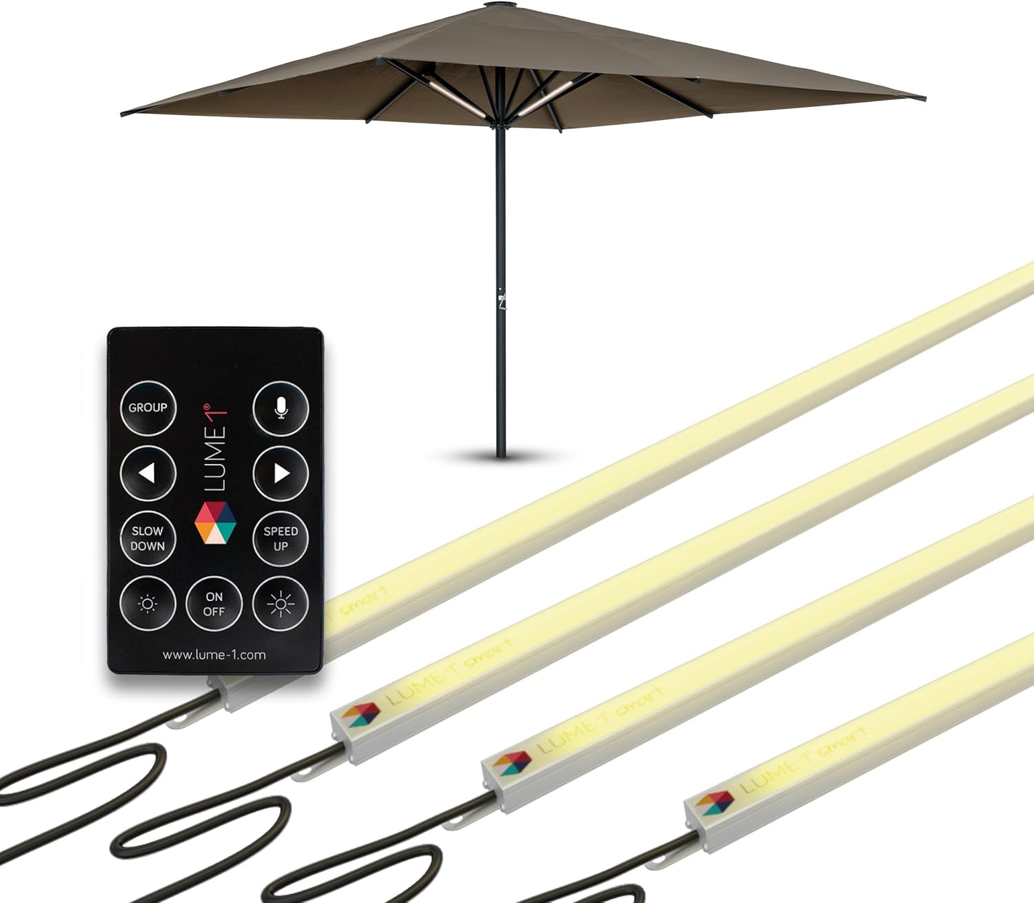 Lume1 Sonnenschirmbeleuchtung mit Fernbedienung, Lampen für Gastronomie, 4 LED Leisten, warmweiß mit 1000 Lumen, 2700 Kelvin, angenehme Beleuchtung, Akku enthalten (smart 4er Set Mo2026)