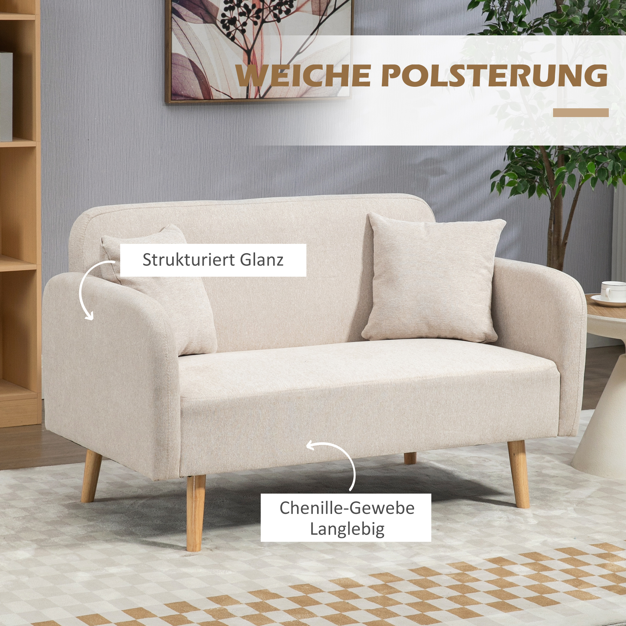 2-zitsbank, Moderne Design Bank, inclusief 2 kussens, houten poten, 130 x 70 x 80 cm, Cr��me