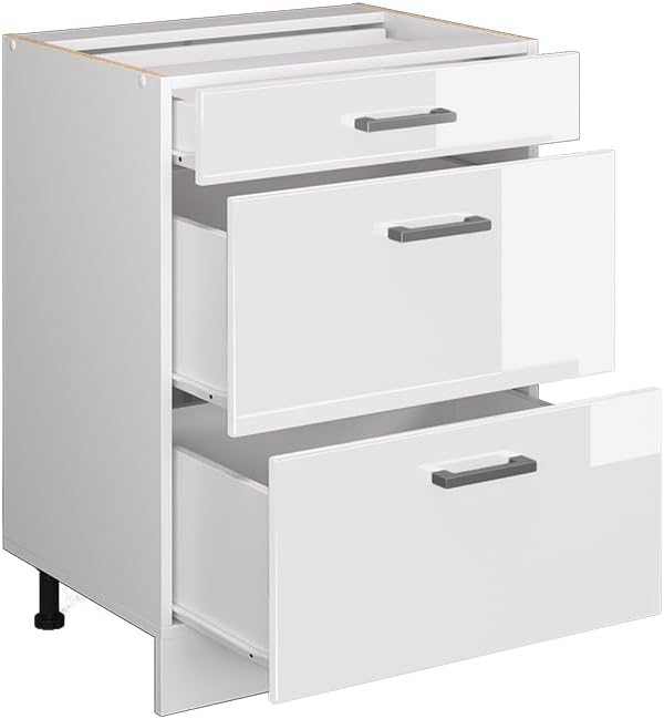 Vicco Küchenunterschrank R-Line, Weiß Hochglanz/Weiß, 60 cm mit Schubladen, ohne Arbeitsplatte