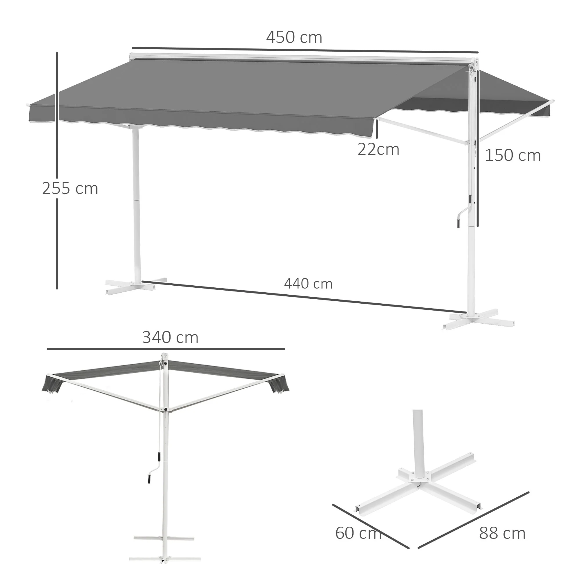 Outsunny Staande luifel met knikarm tuinluifel luifel zwengel grijs 4,5 x 3,42 m