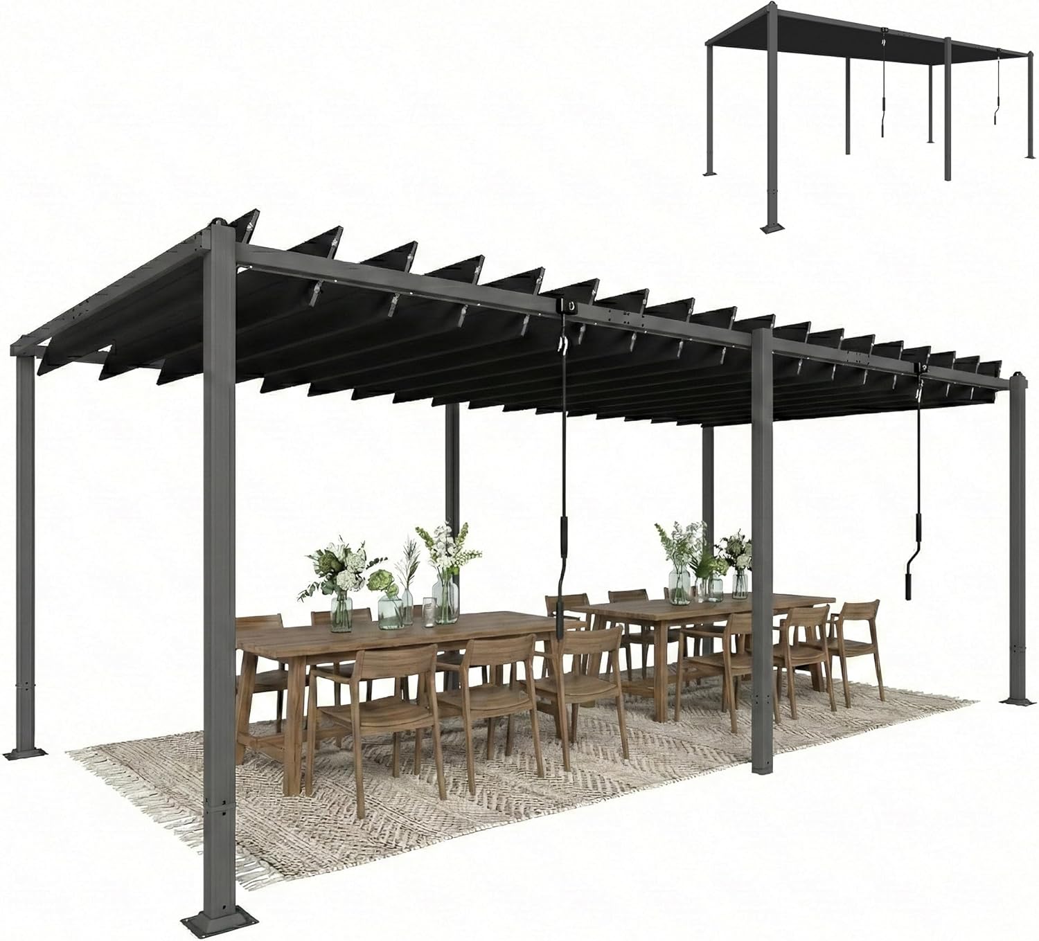 Outsunny Pérgola de Jardín 3x5,7 m, Cenador de Jardín con Techo de Lamas Ajustable a 90°, Manivela, Estructura de Aluminio, Protección UPF50+, Pabellón para Exterior, Patio, Terraza, Gris Oscuro