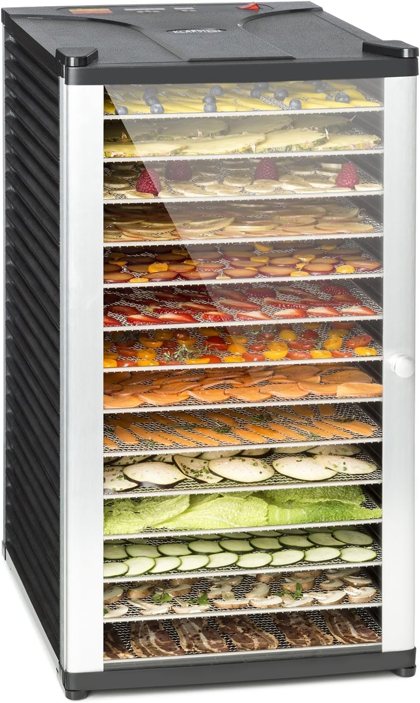 Klarstein Fruit Jerky 14 - Dörrgerät, Obst-/Fleisch- und Früchte-Trockner mit 1,8 m² Trockenfläche und 14 Etagen, 1000 Watt Leistung, stufenlos bis 70 °C einstellbar, Timer, stabiles Gehäuse, schwarz