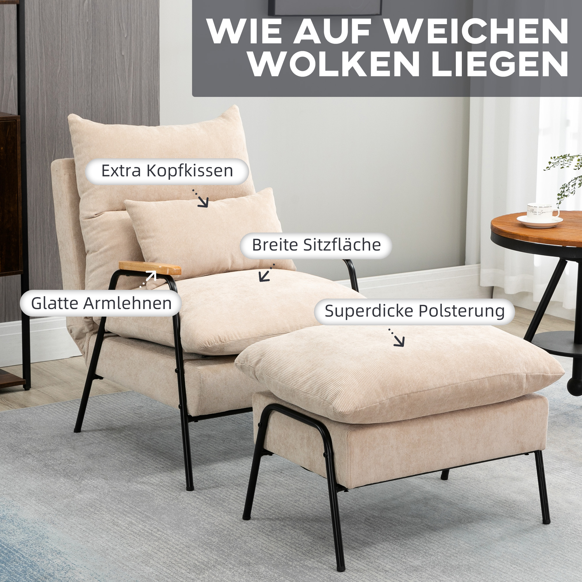 Polsterstoel met Voetenbank, Relaxstoel met Ligfunctie, Polsterstoel, Kussen, TV Stoel, 68 x 91,5 x 88 cm, Beige