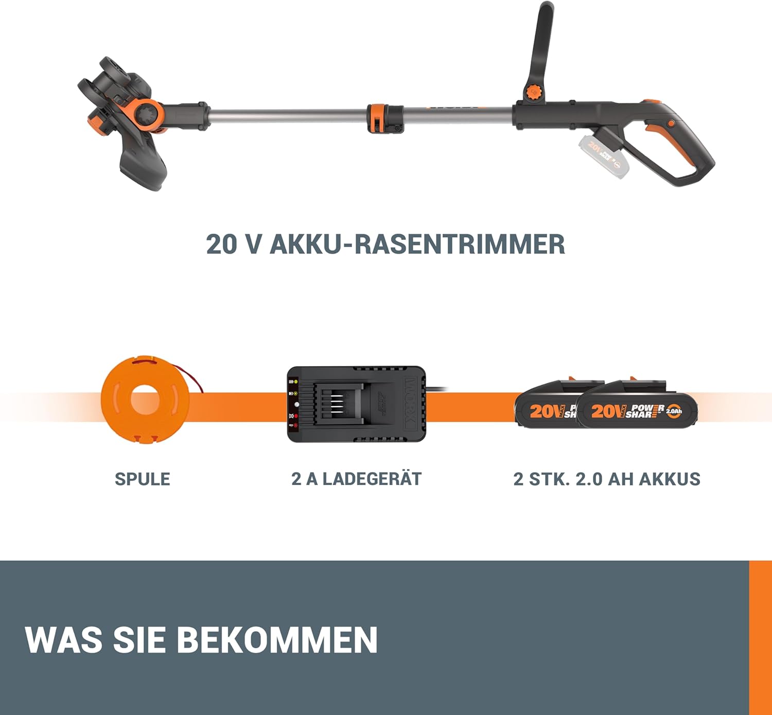 WORX 18V(20V MAX) Akku Rasentrimmer WG163E.3, 2-in-1 rasenkantenschneider mit 90° drehbarer Trimmerkopf, Teleskopstiel, Powershare, 2 x 2,0 Ah Akku