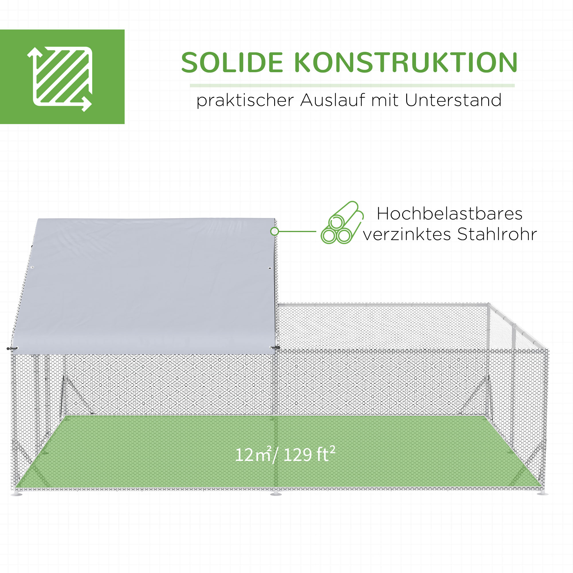 PawHut kippenhok buitenren, 400 x 300 x 195 cm kippenhok met beschermdak
