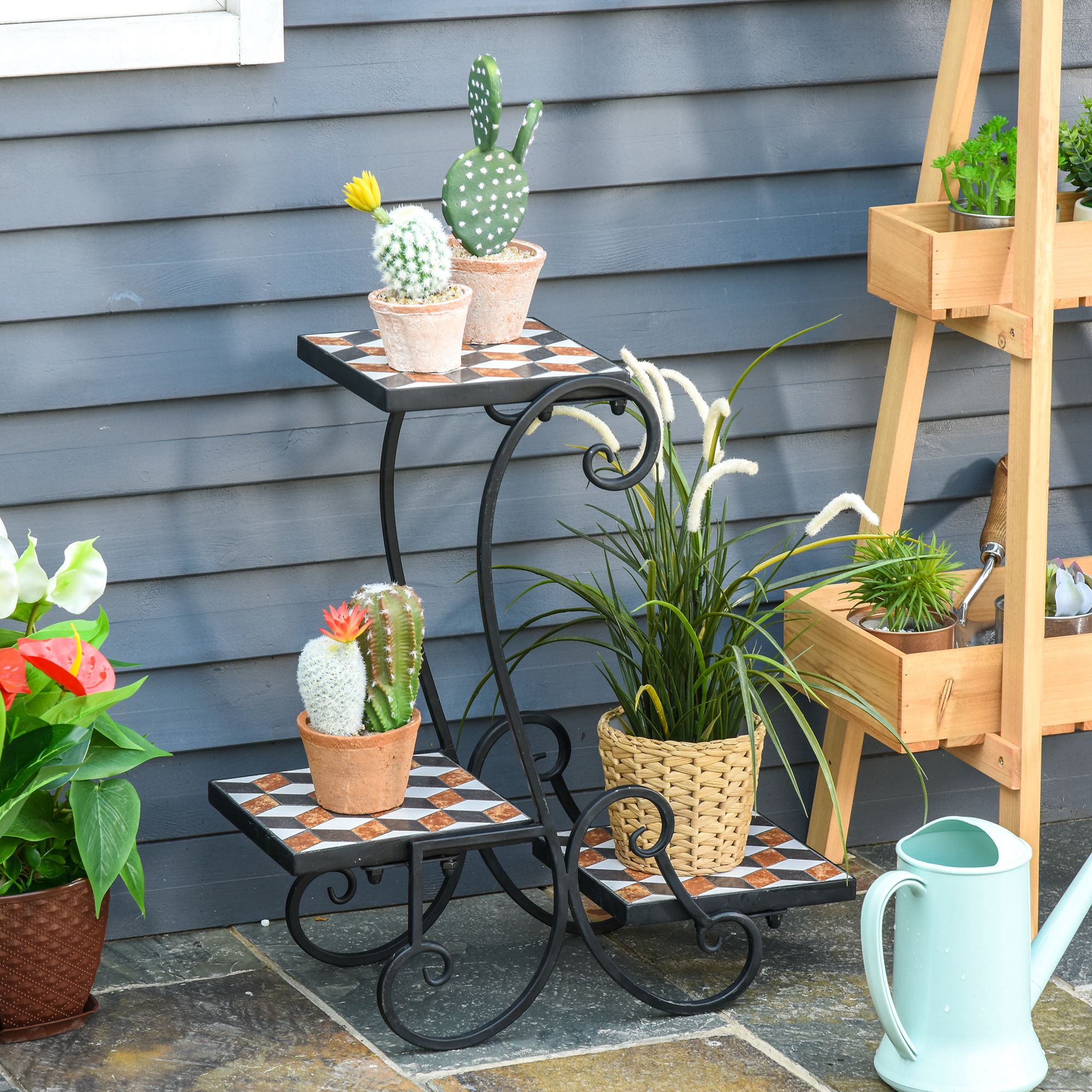Otusunny Plantenetagere bloemenrek moza?ek plat stevig onderhoudsvriendelijk zwart