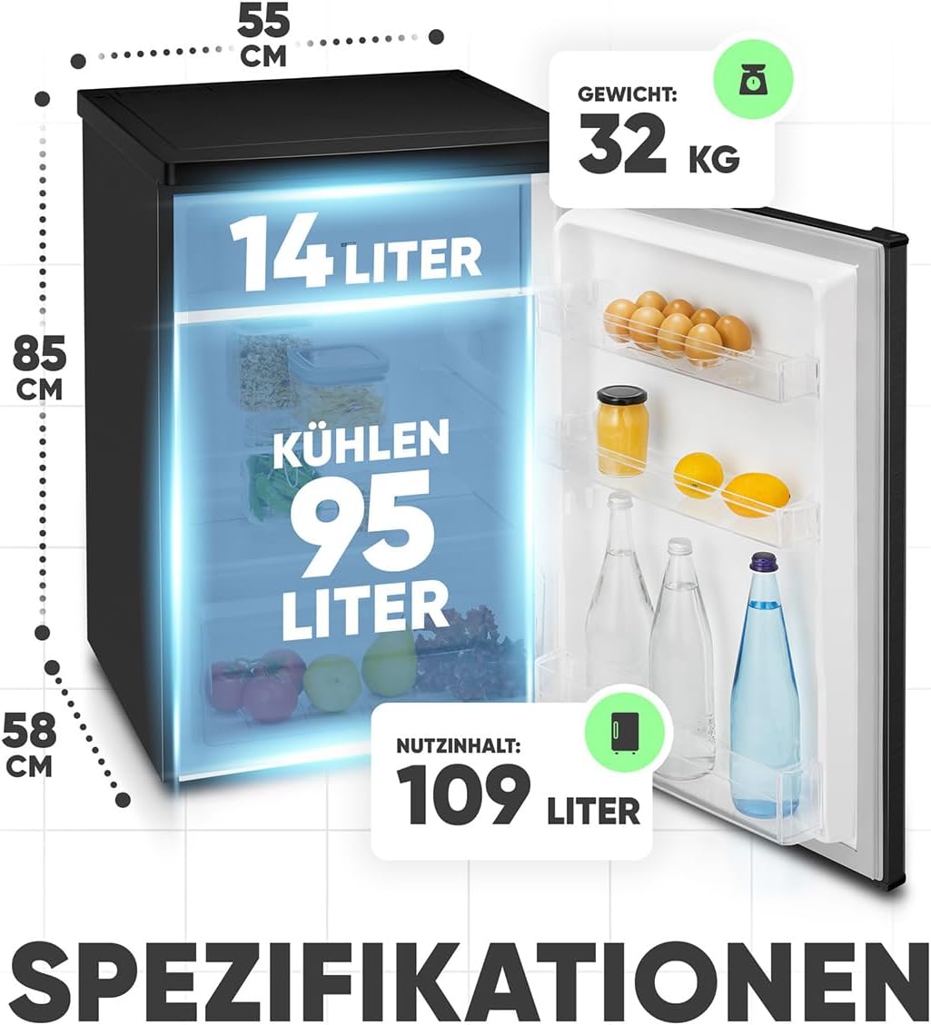 Bomann® Kühlschrank mit Gefrierfach | 109 Liter | energieeffizient, leise & kompakt | 2 Ablagen, Obst- & Gemüsefach | 4-Sterne-Gefrierfach | Türanschlag wechselbar | KS 7251 schwarz