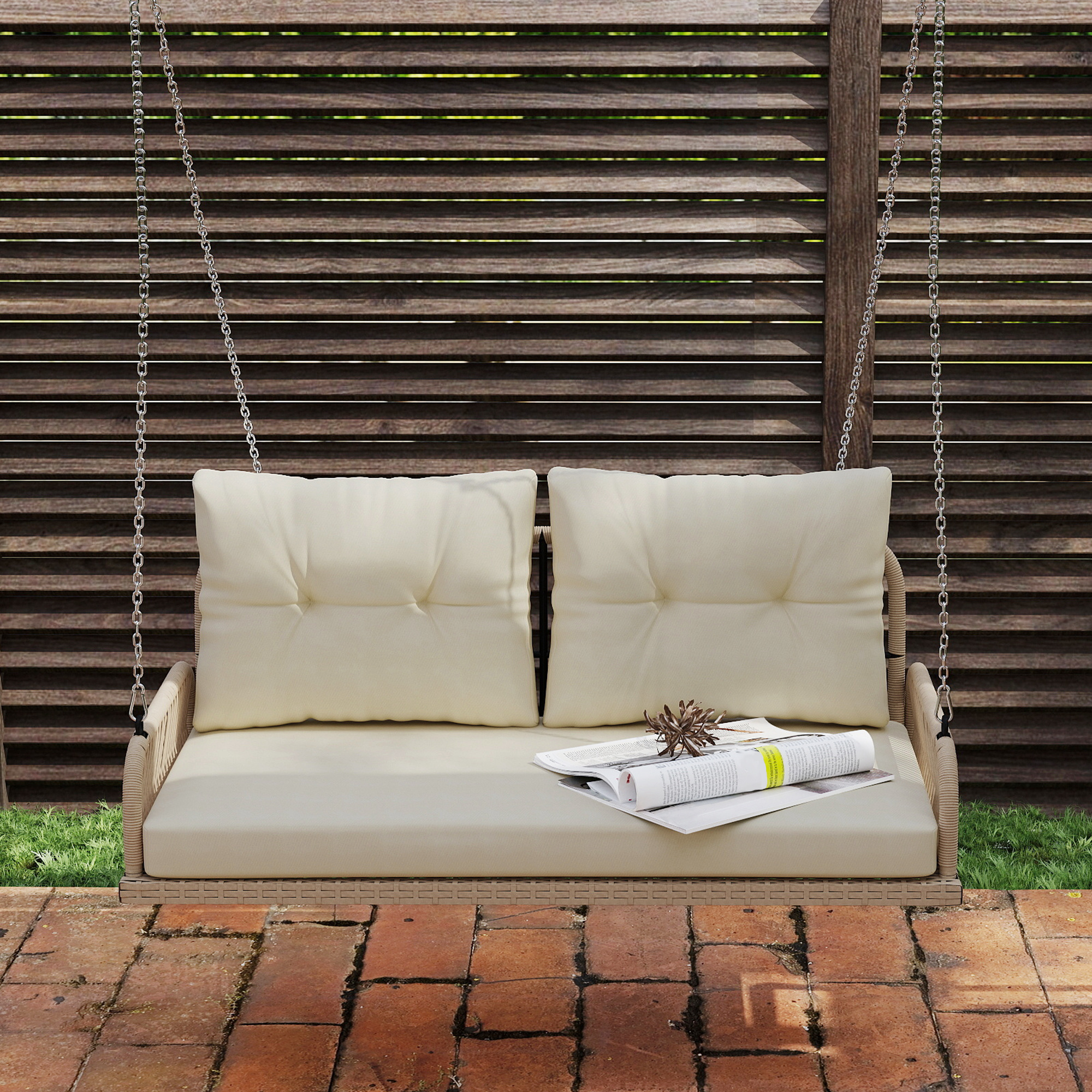 Outsunny Hollywoodschommel 2-Zits Rattan Tuinschommel met Kussens Ketens Tot 240 kg 115 x 66 x 44 cm Beige